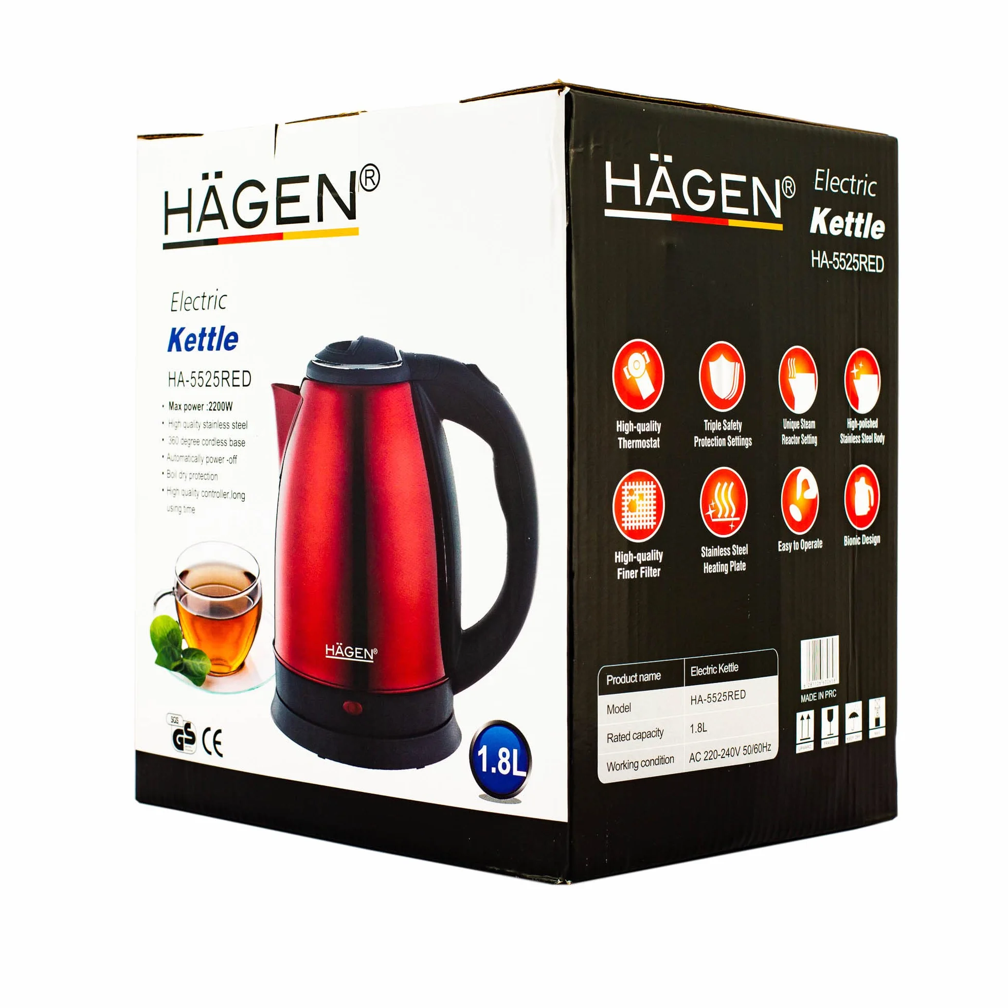 Hagen Bouilloire Electrique Inox 1,8L 1500W 360° Rouge
