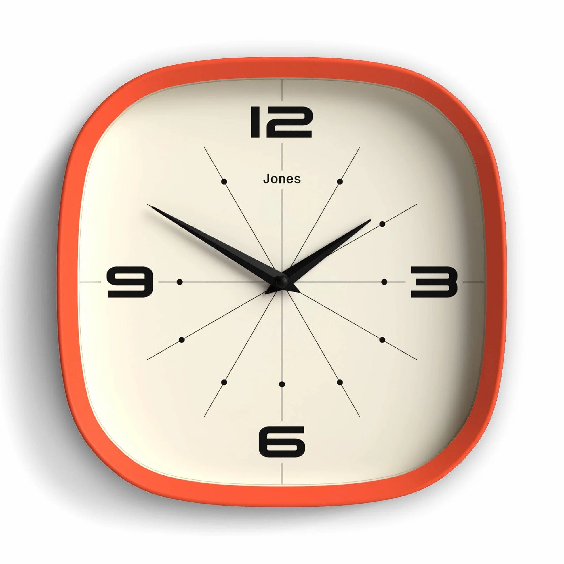 JONES CLOCKS Pulsar Horloge Murale 25cm Orange Rétro Carrée Arrondie