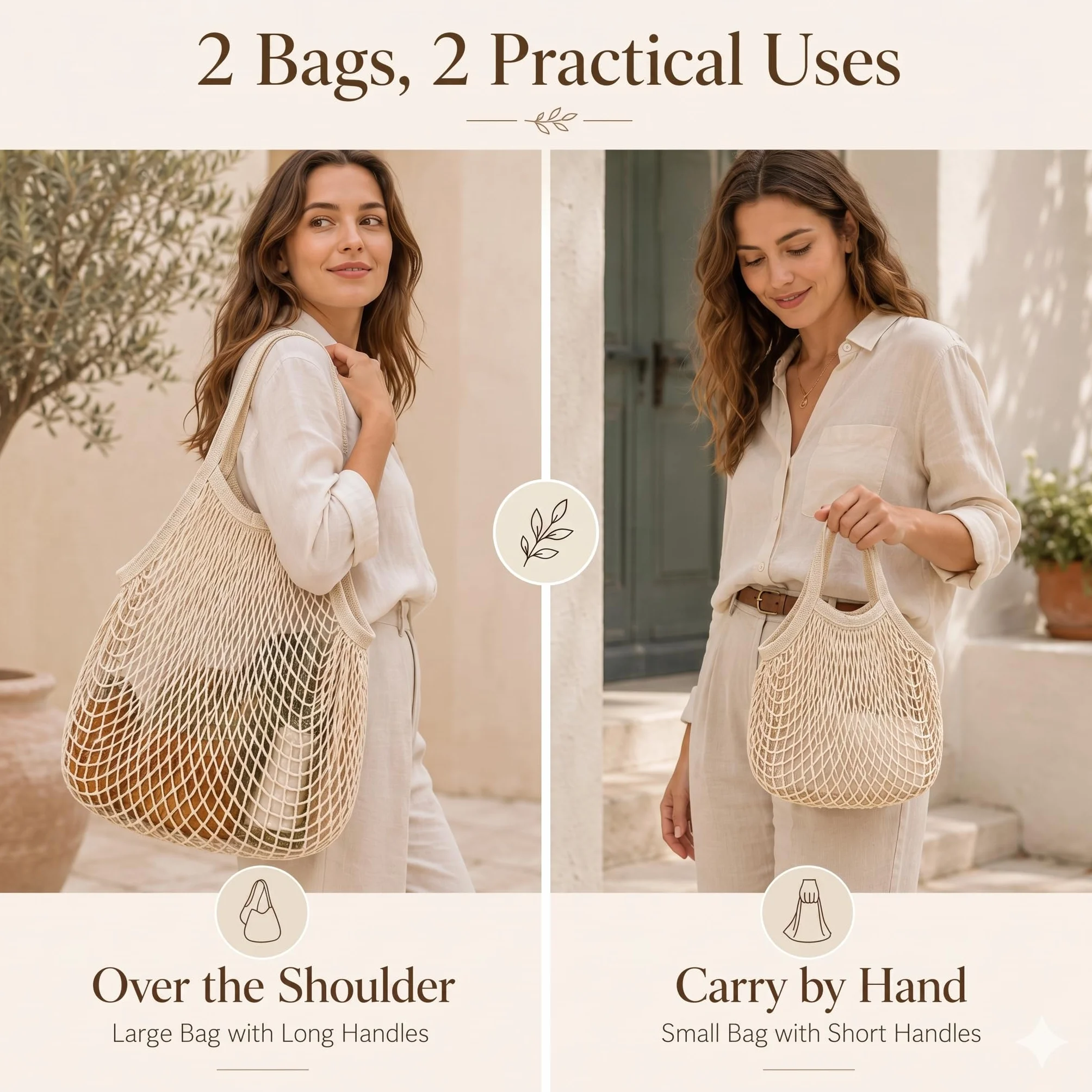 Sacs Filet Réutilisables Lot de 2, Grand Sac Anses Longues et Petit Sac Anses Courtes, Pliable pour Fruits Légumes Pain Plage