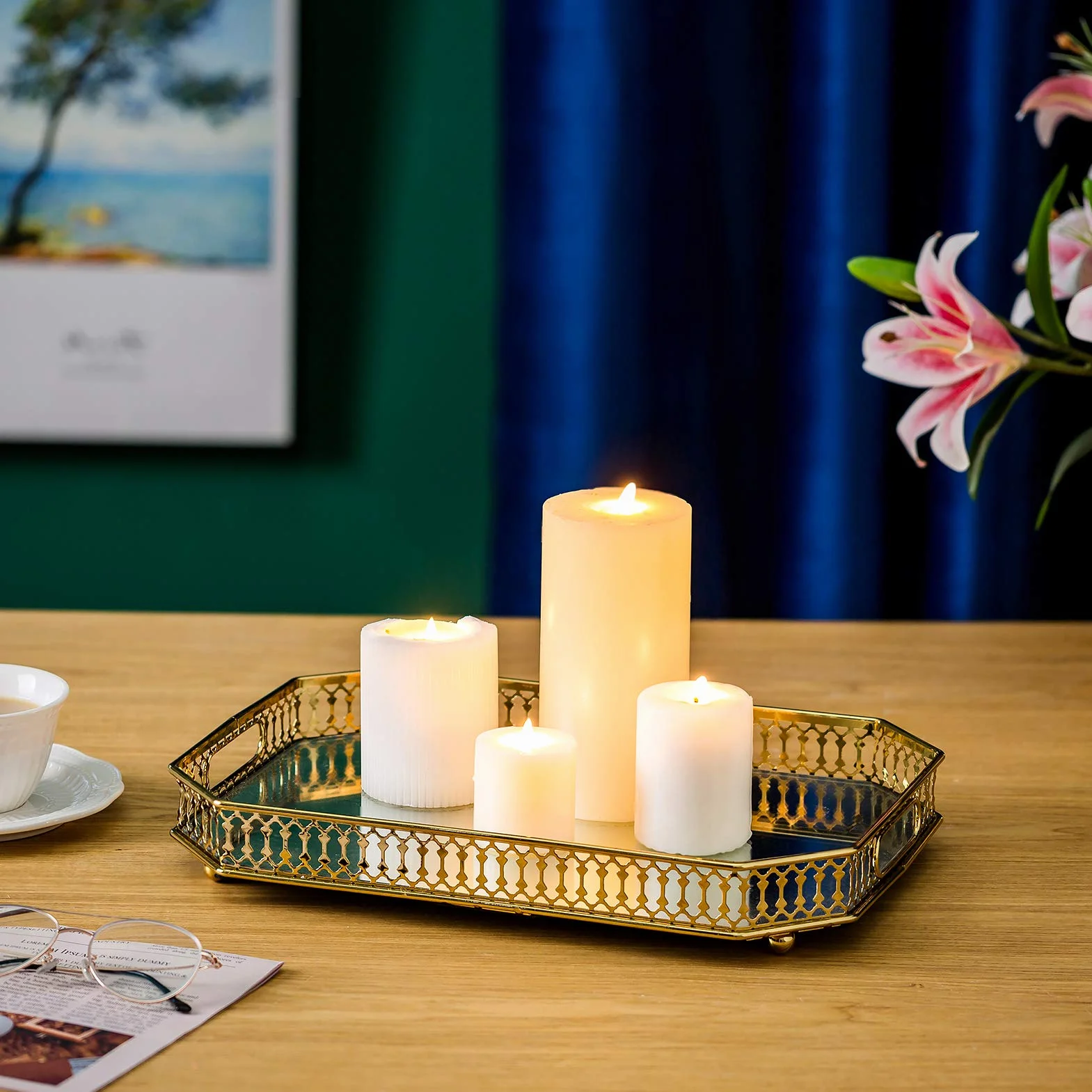 Plateau Décoratif Orné Miroir en Métal Bougeoir Serpent Rangement Table Fruits Bijoux Cosmétiques