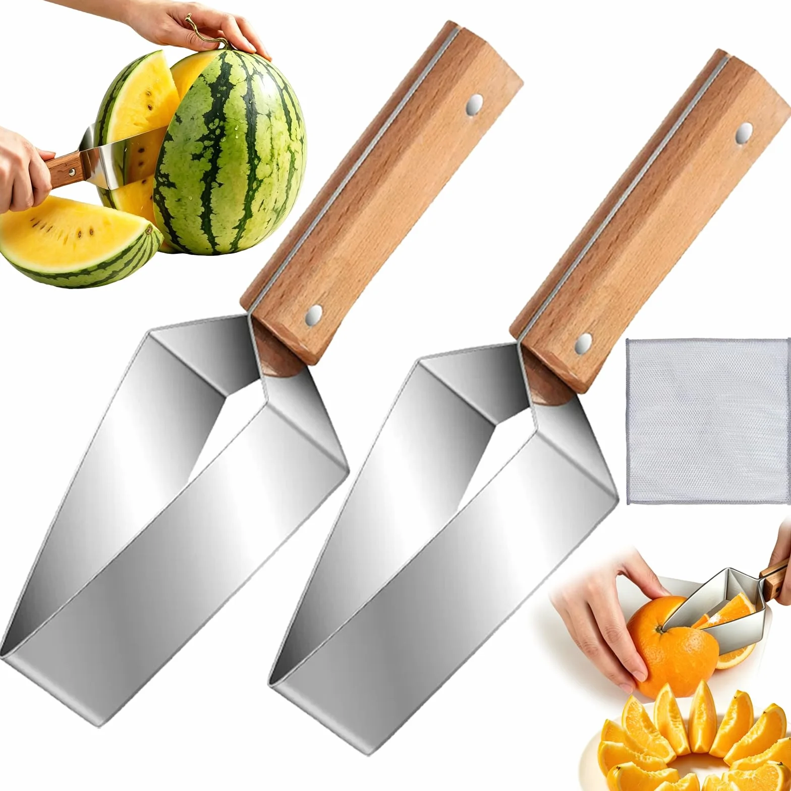 Coupe Pastèque en Acier Inoxydable avec Manche Bois, Trancheur Pastèque Triangle, Watermelon Knife