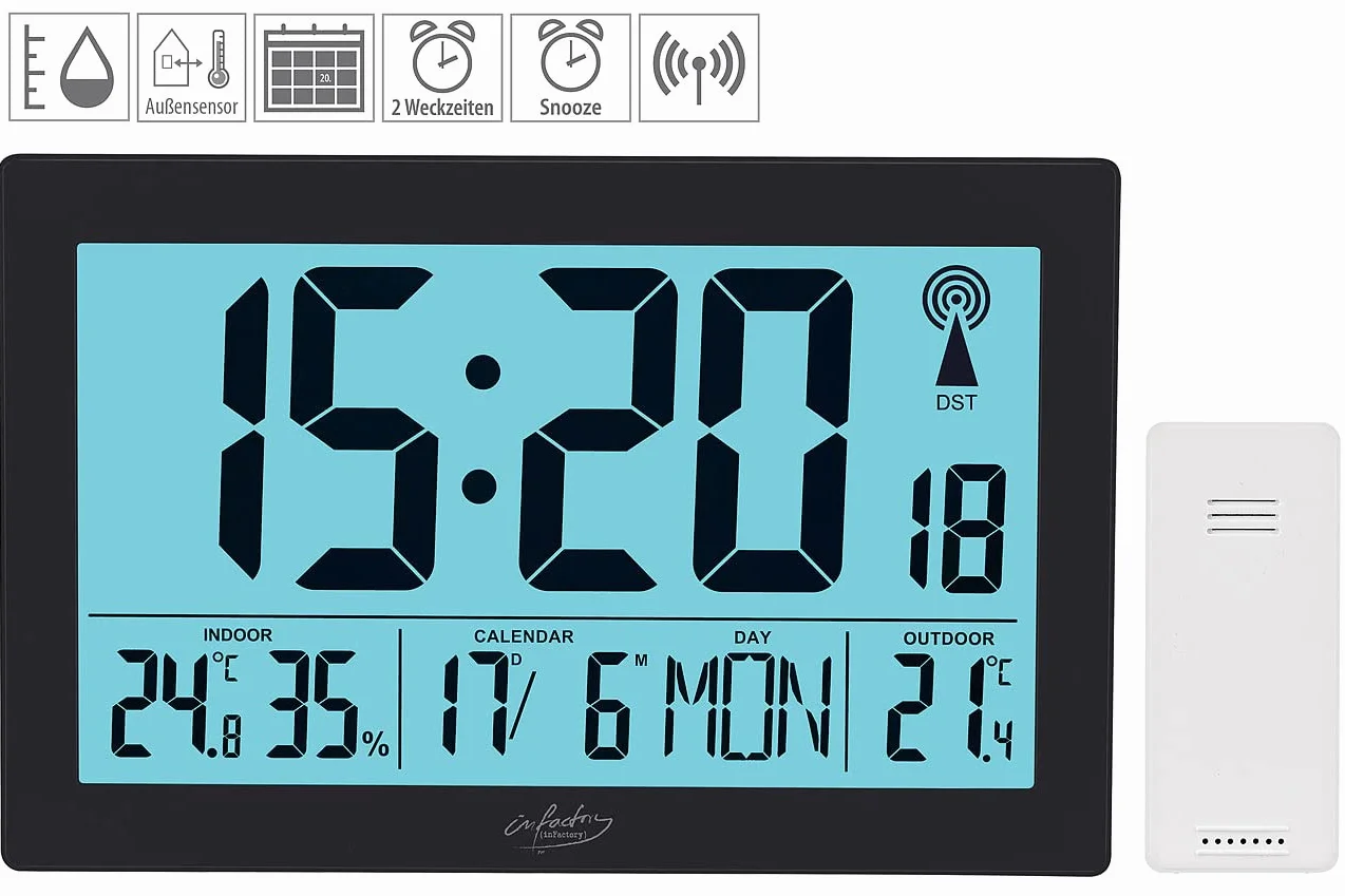 infactory Horloge Radio-pilotée XL Thermo-hygromètre Capteur Extérieur