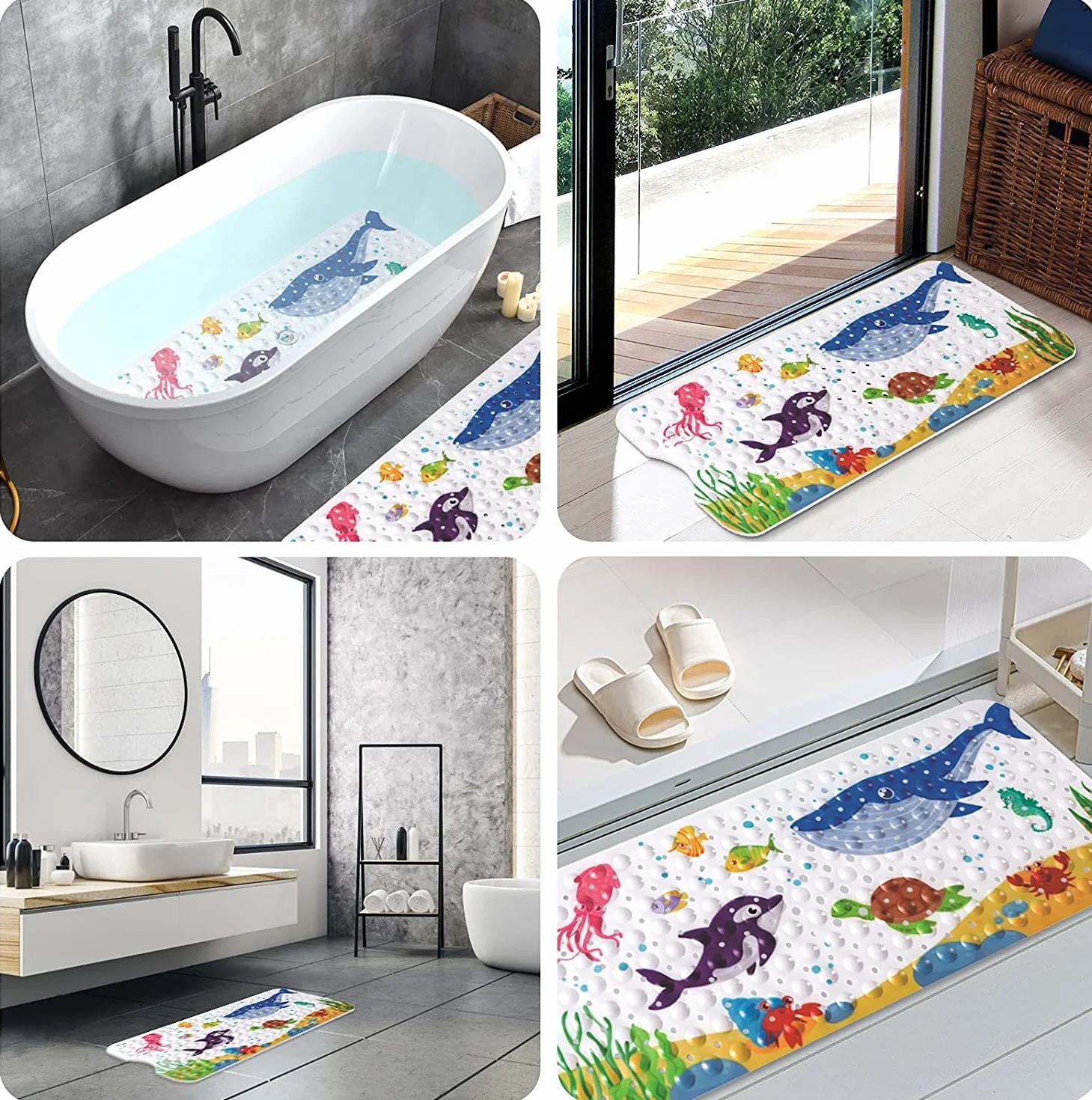 Tapis de Baignoire Antidérapant 100 x 40 cm avec Ventouse PVC Dessin Animé Animaux Marins Enfants