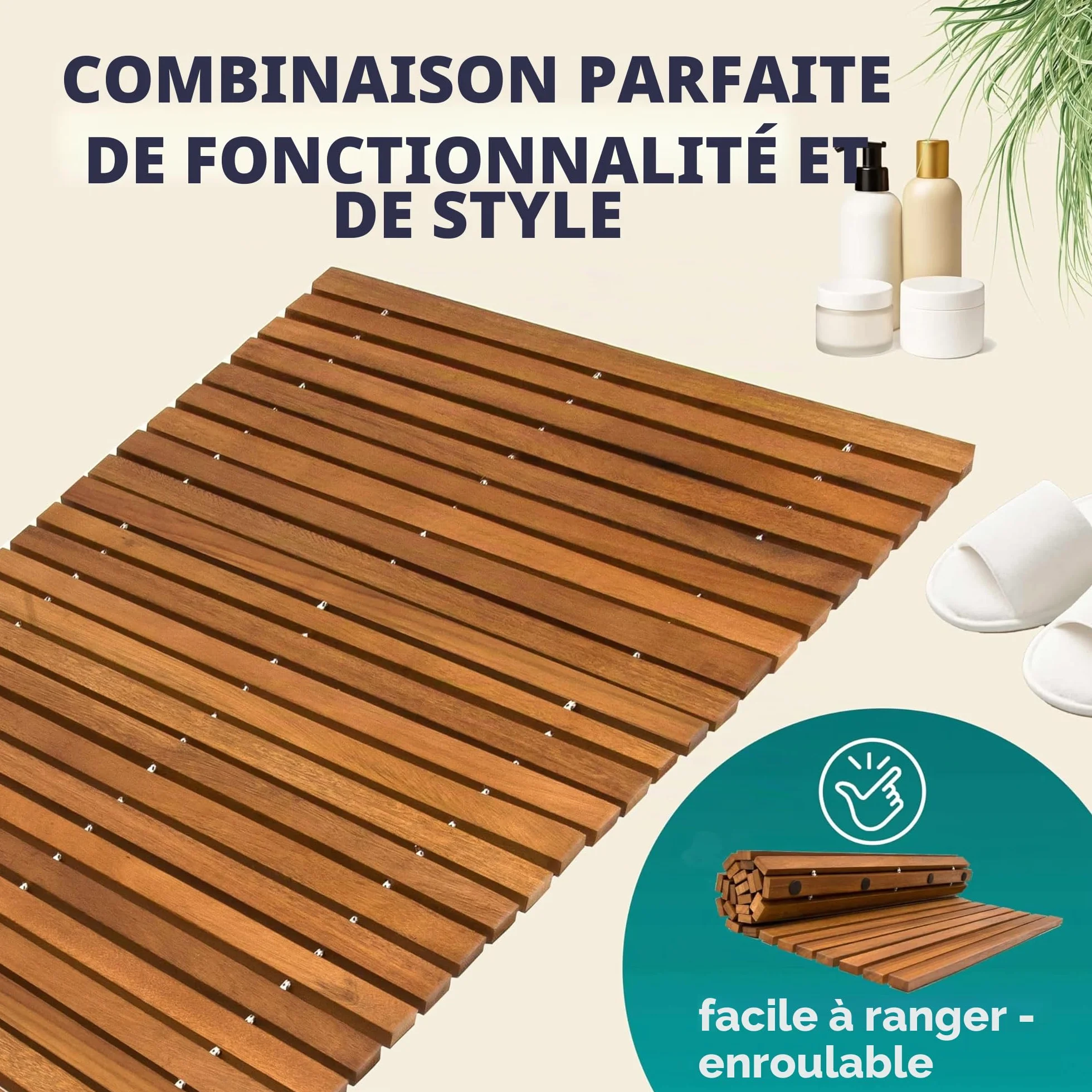 Tapis de Bain en Bois d'Acacia Antidérapant 76 x 50 cm Caillebotis Salle de Bain