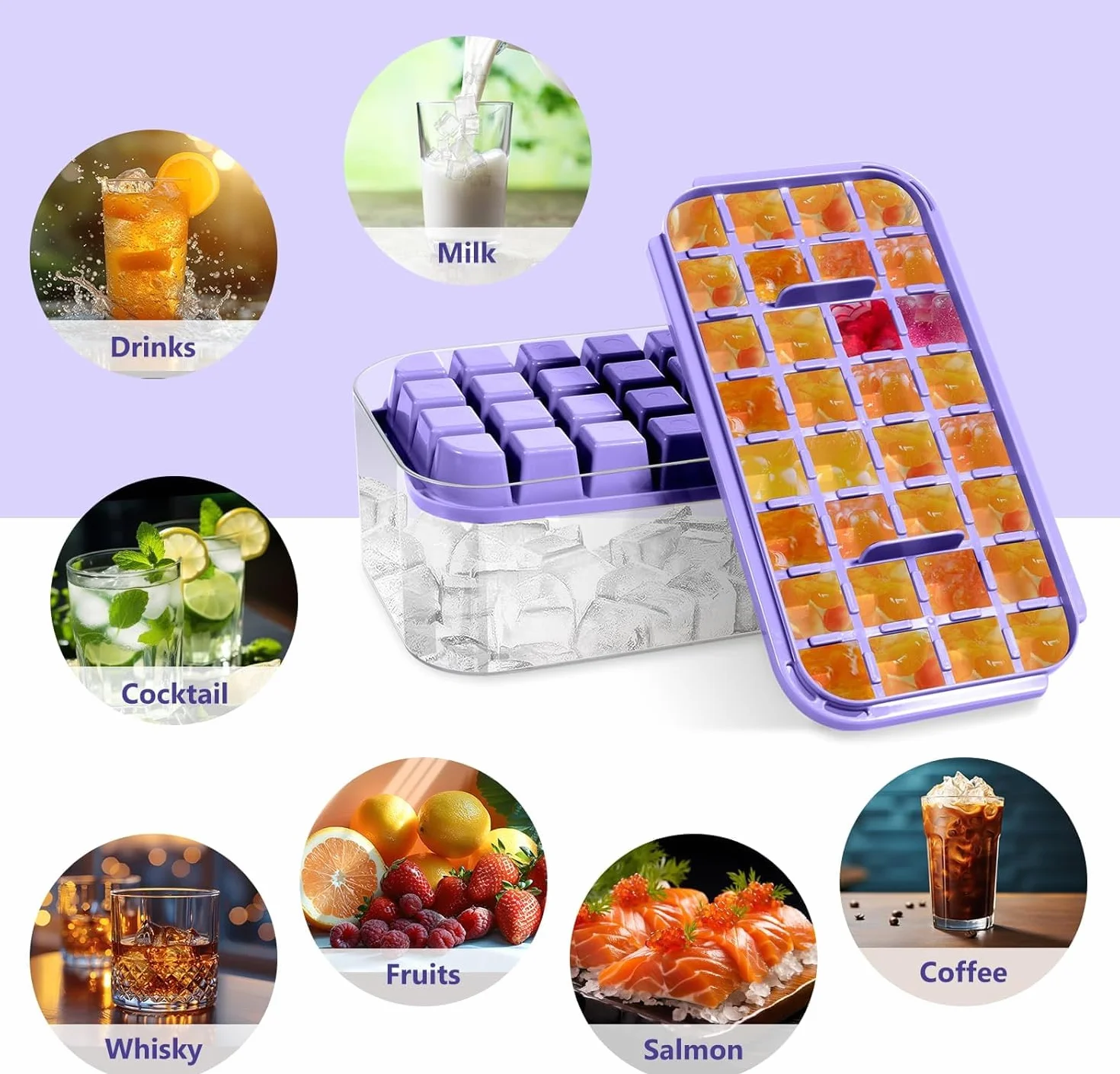 Bac à Glaçons 64 Carrés Qualité Alimentaire Sans BPA Couvercle Libération Rapide Violet