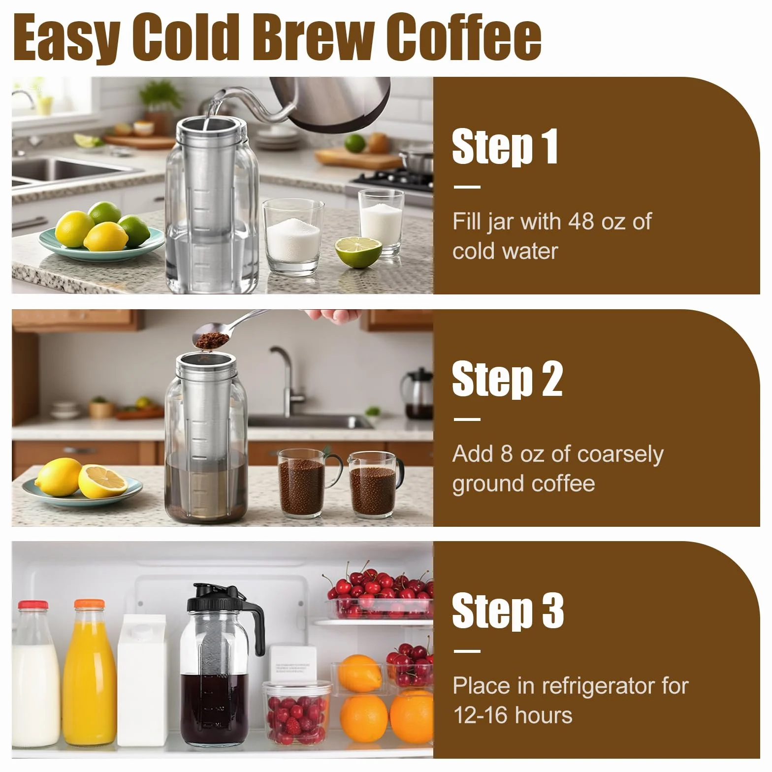 Cafetière à infusion froide 2 L en acier inoxydable pour café glacé et thé glacé