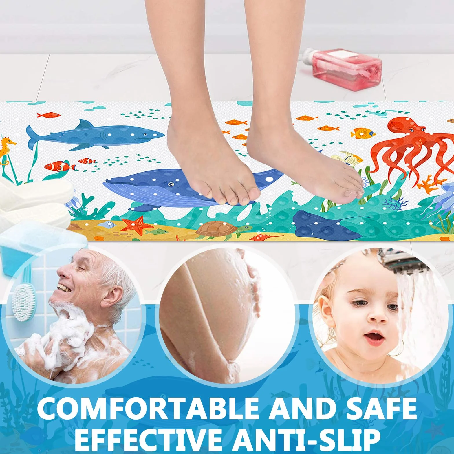 Tapis de Bain Antidérapant pour Enfants 100x40cm PVC 200 Ventouses Lavable en Machine