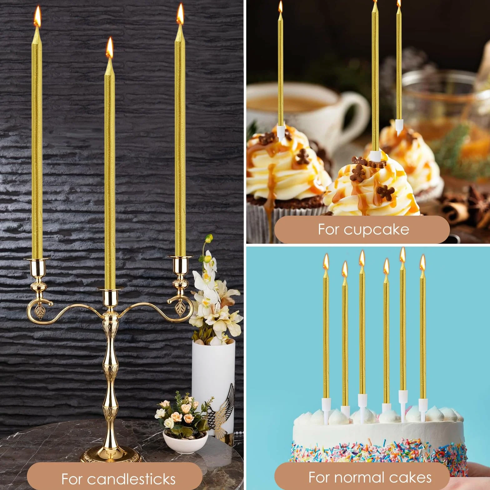 Bougies Anniversaire Dorée 36 Pièces avec Supports Longues et Fines Gold pour Gâteau Fête