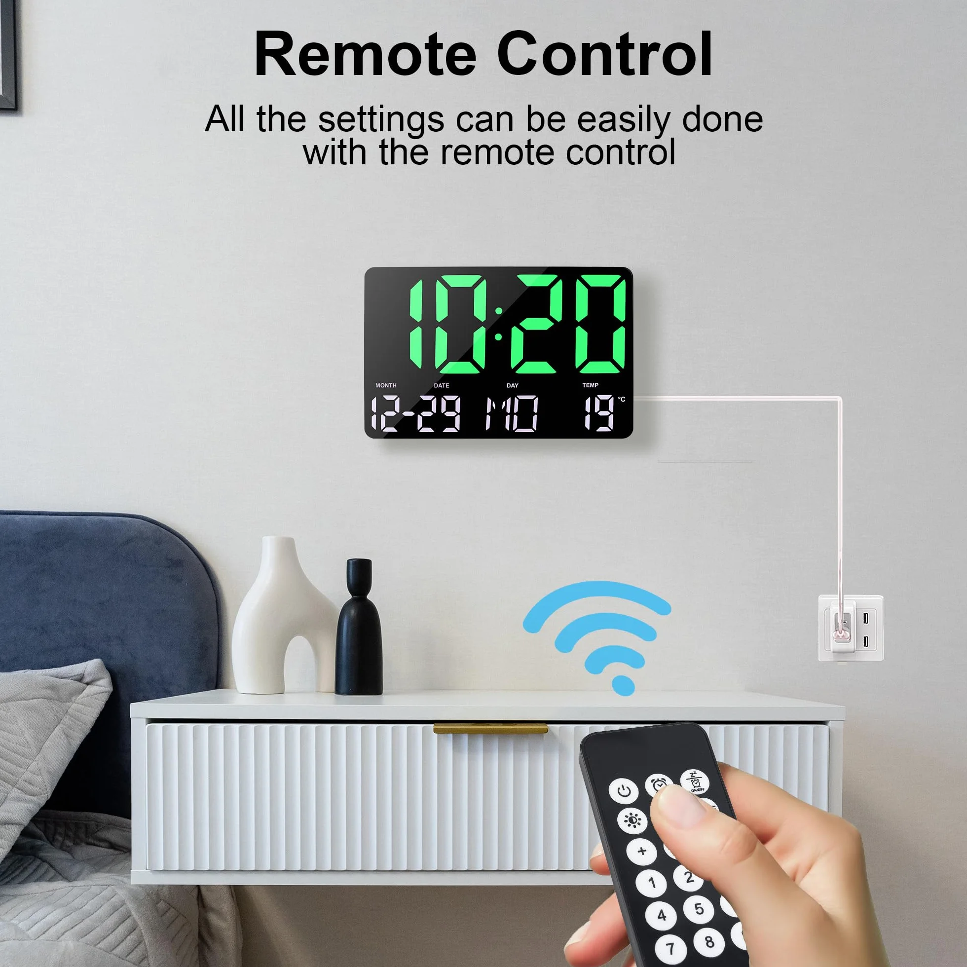 Lafocuse Horloge Murale Numérique LED 12" avec Télécommande, Température, Date, Alarme, Snooze, Luminosité Réglable, Vert
