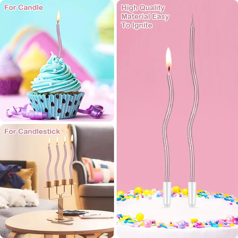 Bougies d'anniversaire Torsadées 24 Pièces Or Rose avec Supports pour Gâteau