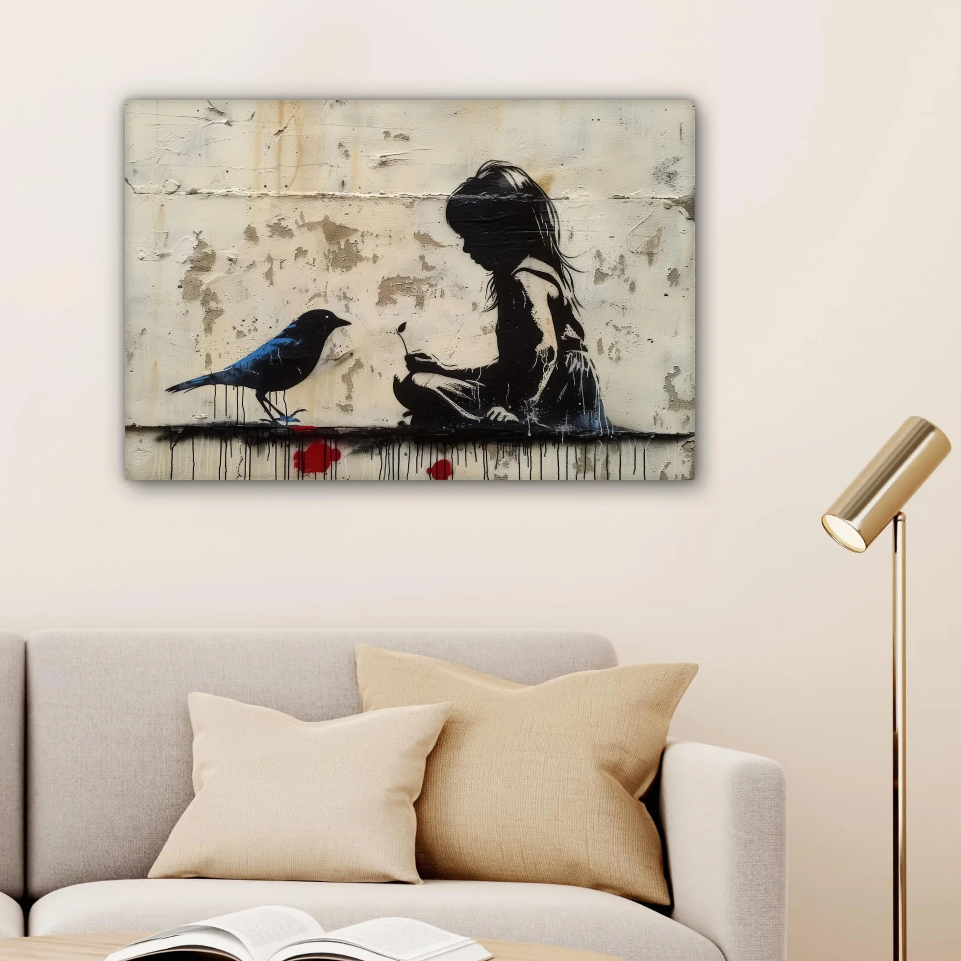 Banksy MuchoWow Tableau Mural 60x40 cm Toile Street Art Fille Oiseau Graffiti