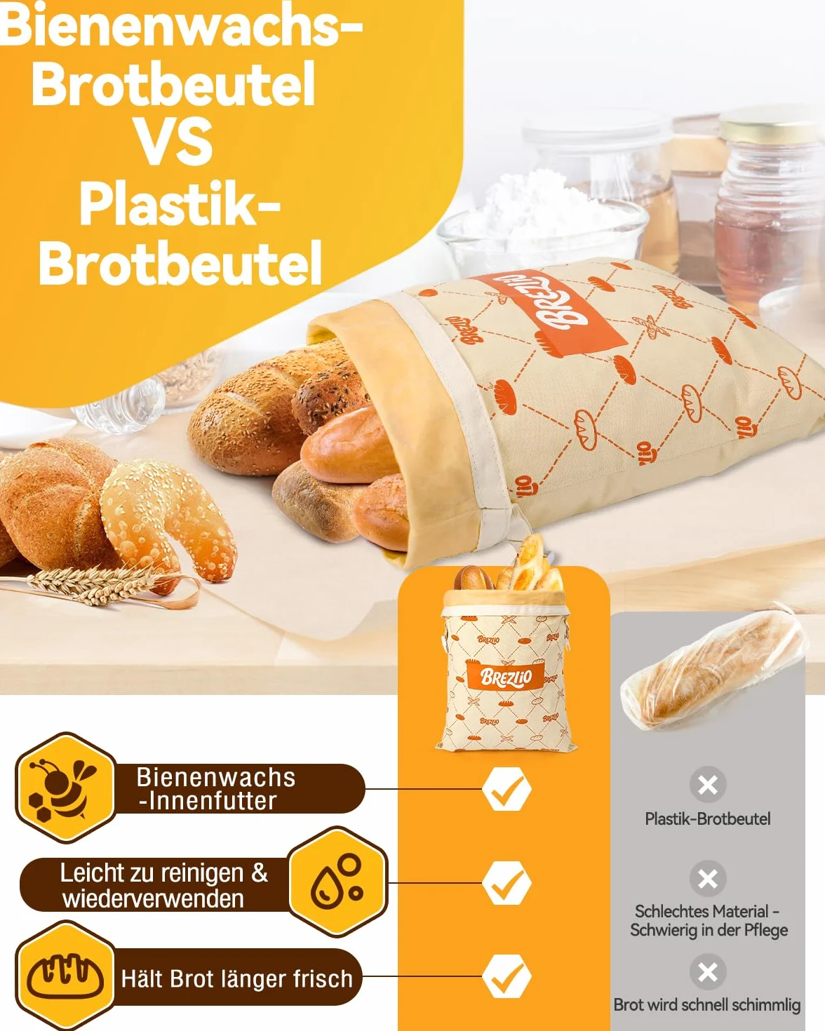 Sacs à pain en cire d'abeille réutilisables 32 × 43 cm lot de 2 extra grands