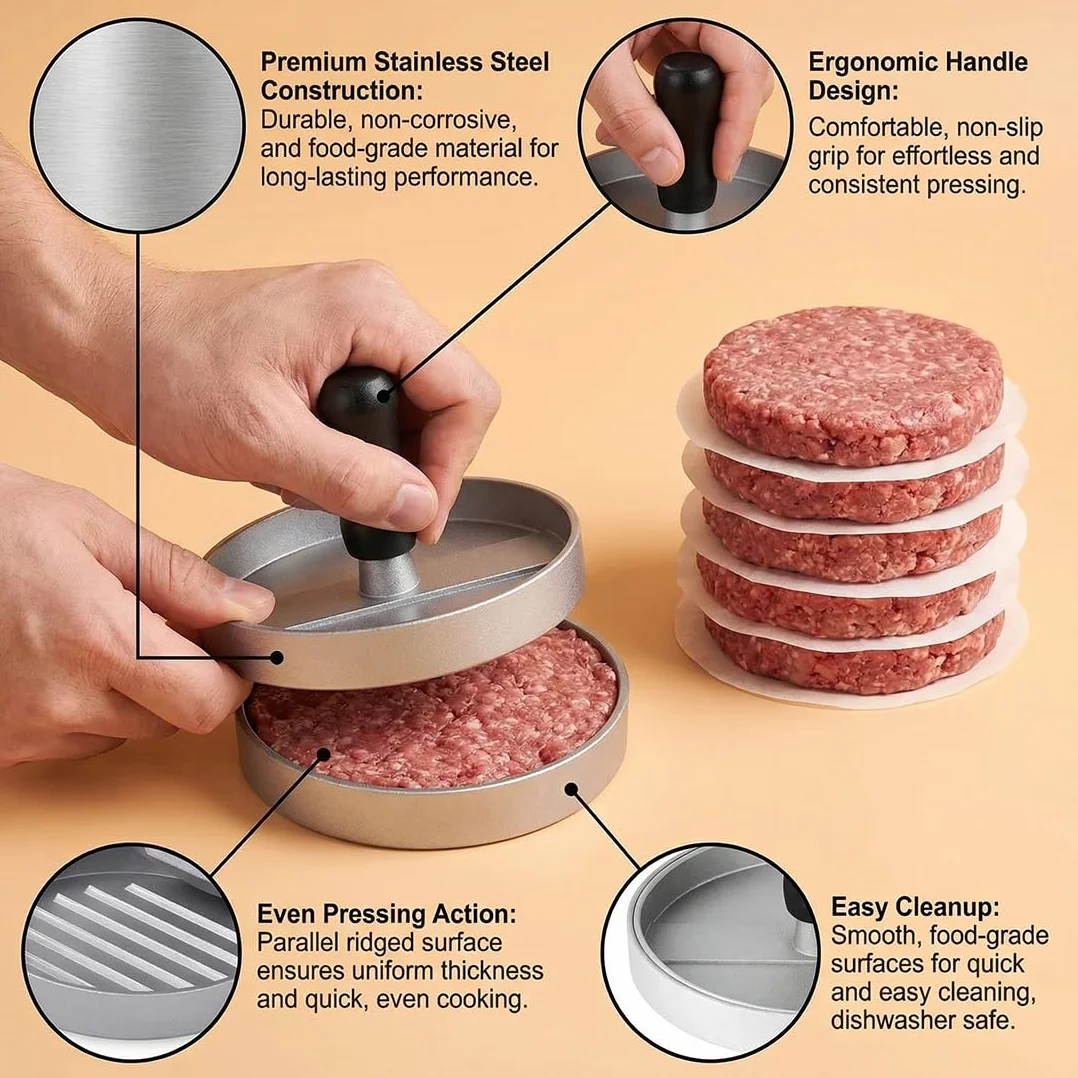 Presse Burger en Fonte d'aluminium, Presse Steak Haché, Moule à Hamburger pour Hamburgers, Galettes, BBQ