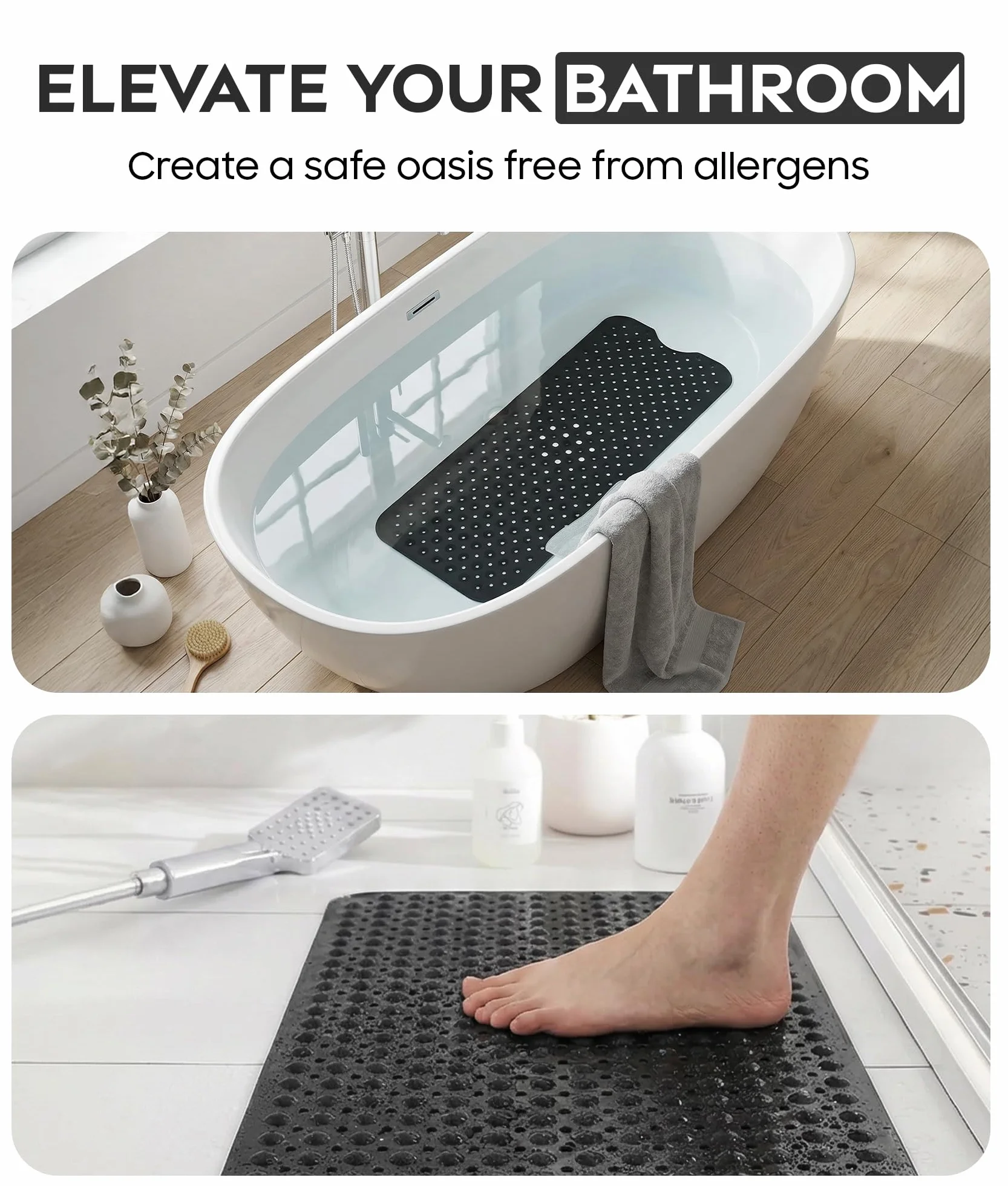ADOV Tapis de Bain antidérapant 100x40 cm Extra Long Anti-moisissure 200 ventouses Trous de Drainage Lavable en Machine