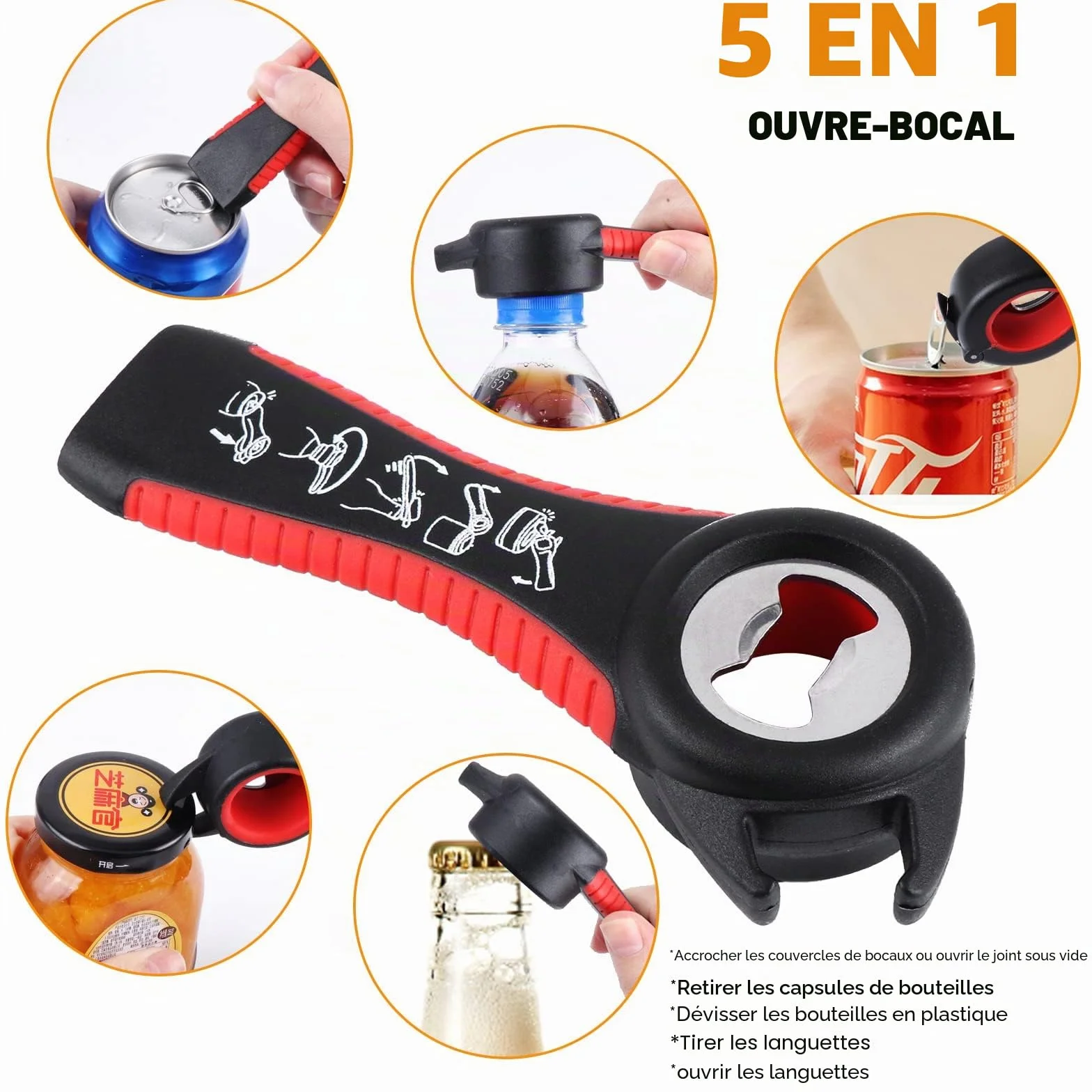 Multifonctionnel Ouvre Bocal Manuel 4 Pcs 4/5/6 en 1 Ouvre Boîte Ouvre-bouteilles