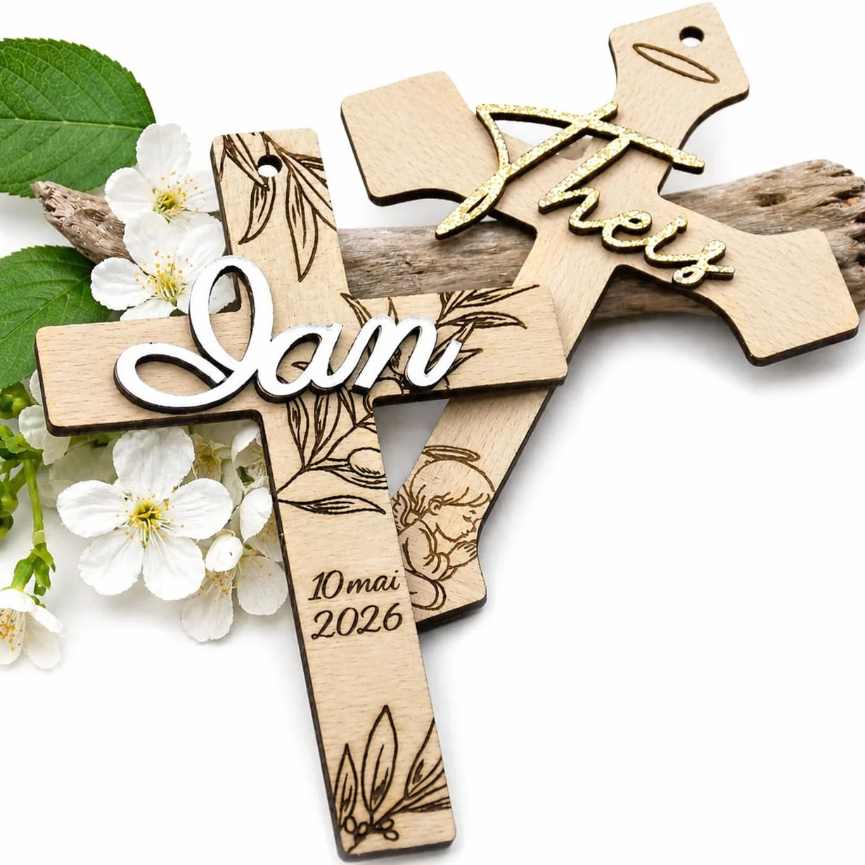 Croix de Baptême Personnalisée en Bois - Décoration Murale pour Enfant