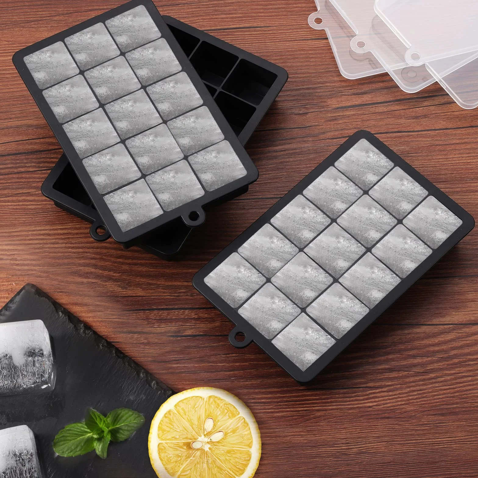 Bac à Glaçons 15 Compartiments Lot de 3 en Silicone avec Couvercle Grand Moule Empilable sans BPA
