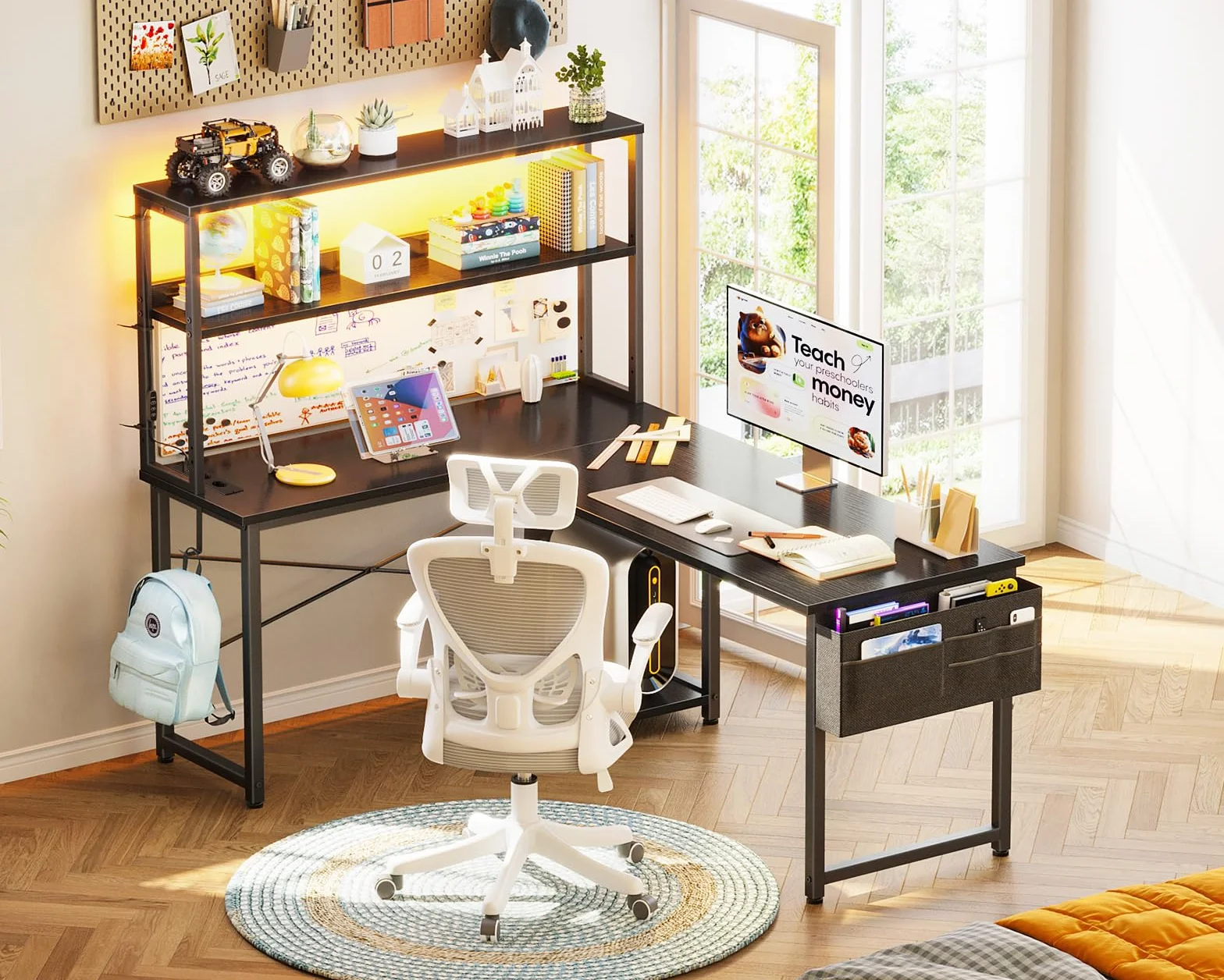 Coleshome Bureau Gaming Angle LED Prises 135x100 cm Réversible Étagères Table en L Sac Rangement Crochet Noir