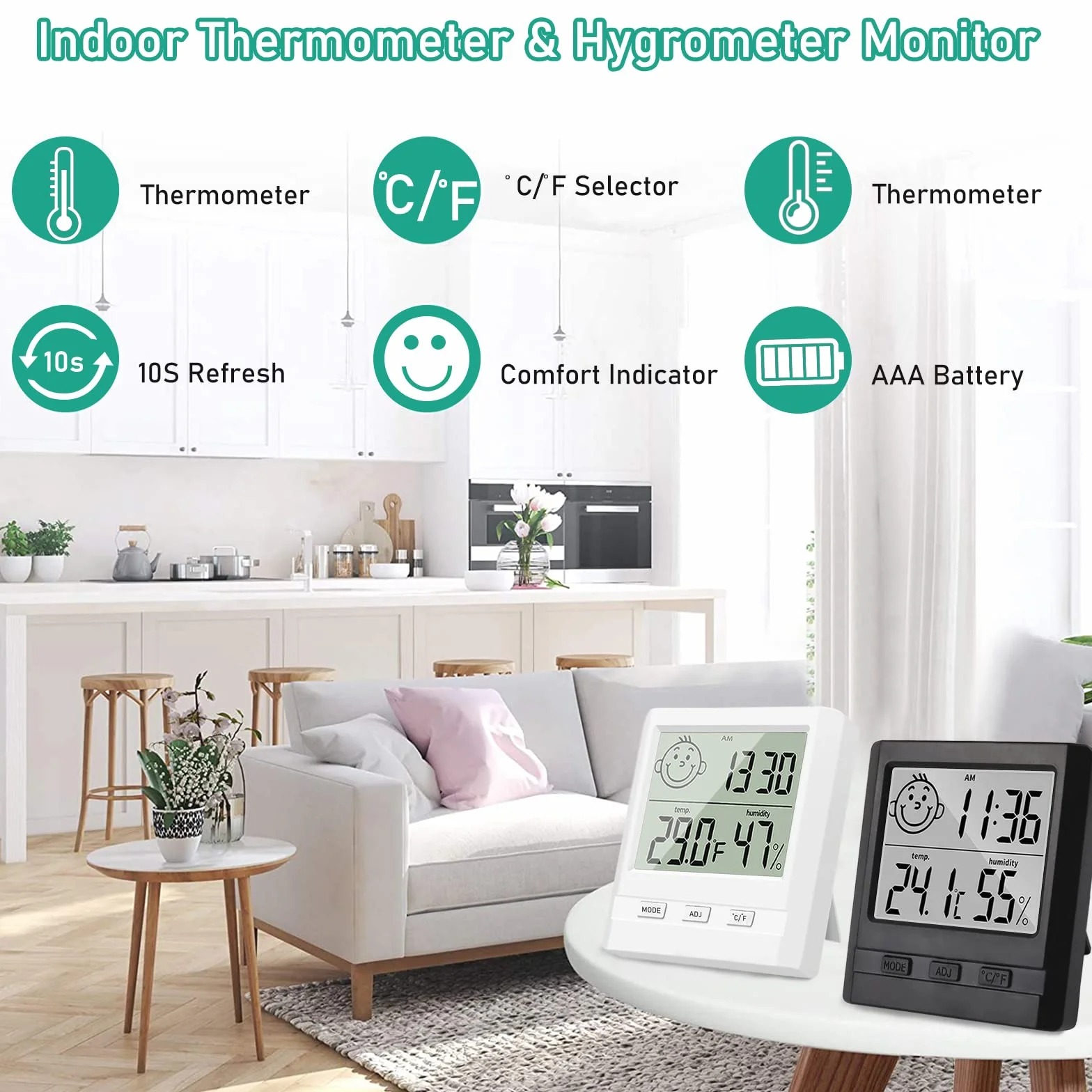 Hygromètre Numérique avec Horloge Lot de 2 - Thermomètre Intérieur Blanc et Noir