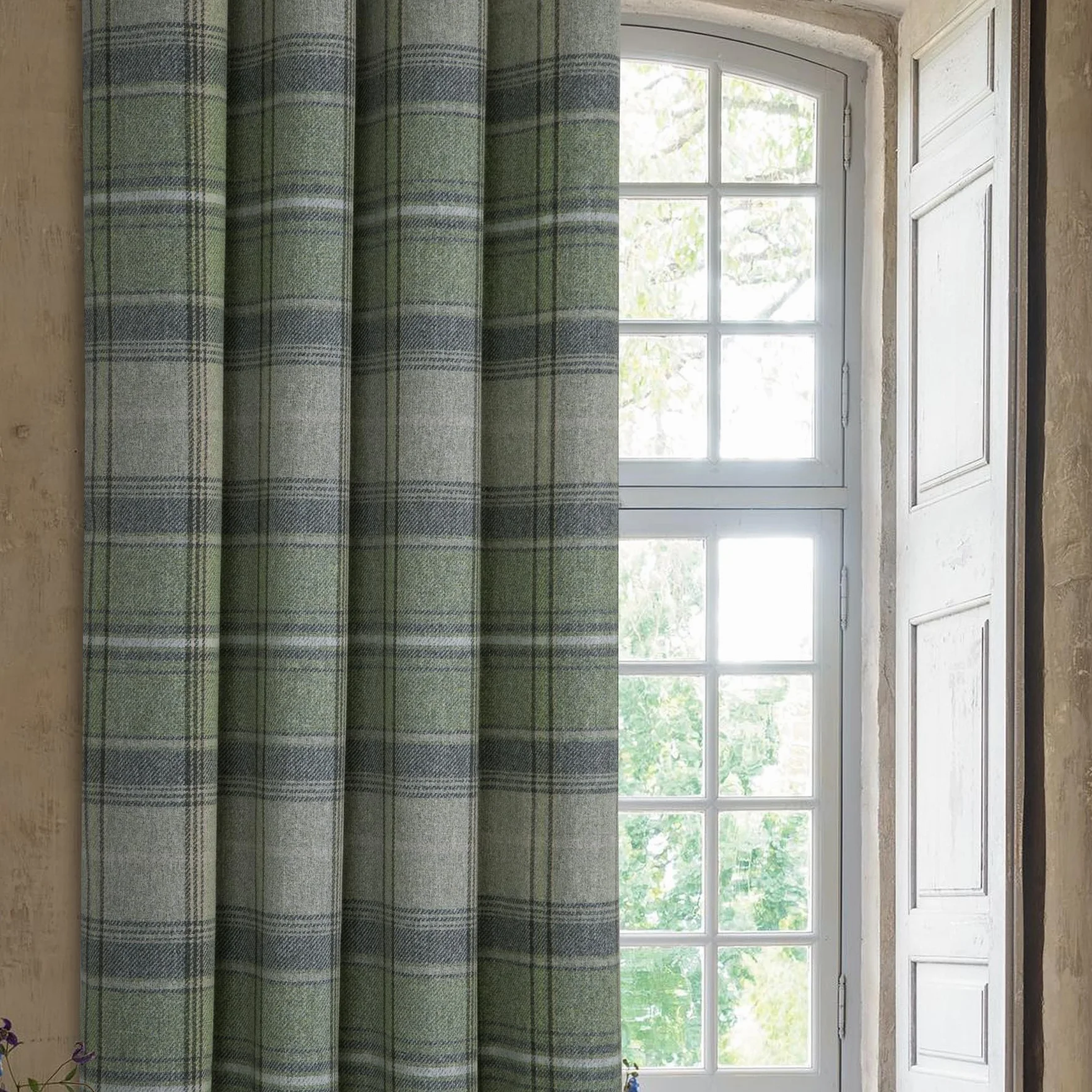 always4u Rideaux occultants œillets 117 x 183 cm Vert Tartan brossé Laine Highland