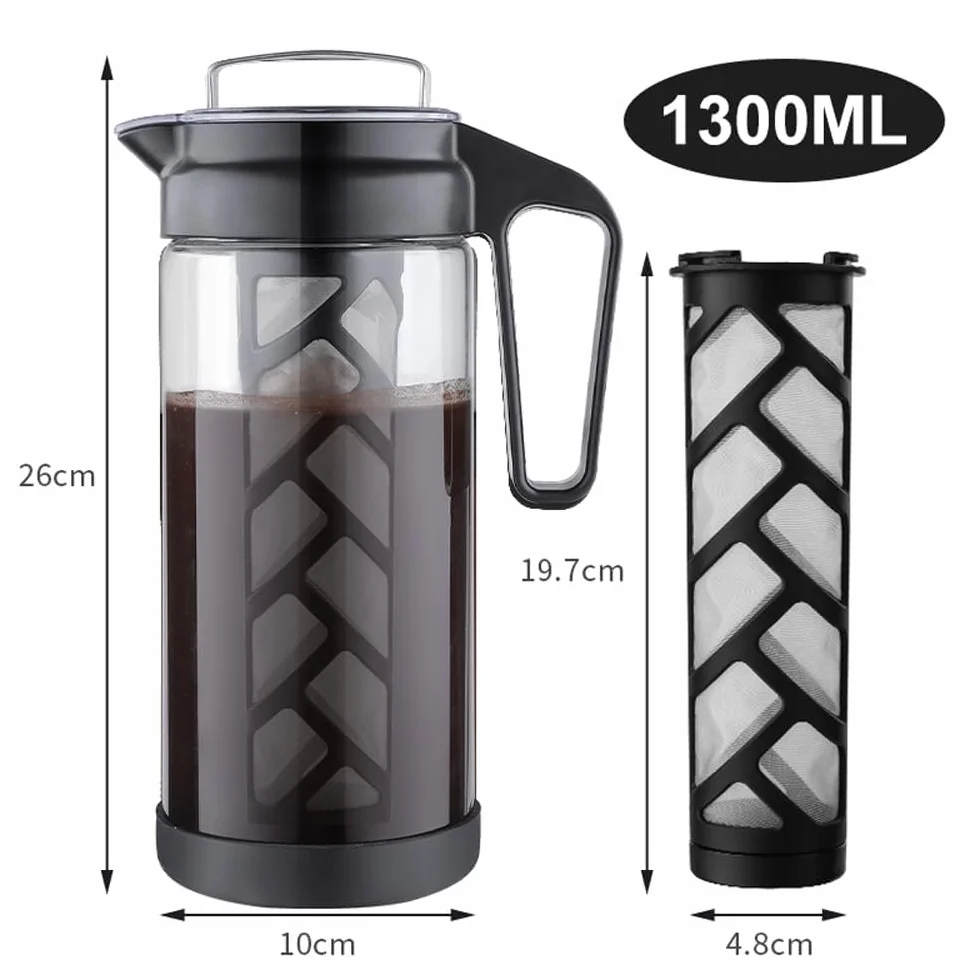 Wedrink Cafetière à infusion froide 1,3L en verre borosilicaté, filtre en acier inoxydable