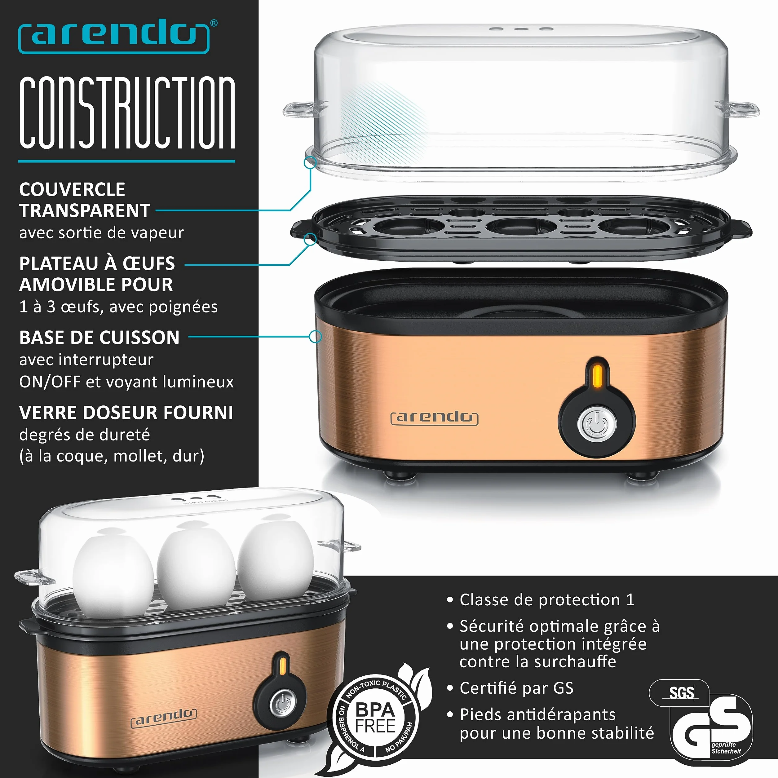 Ensemble Bouilloire Grille-pain Cuiseur à œufs Inox 1,5L 40°-100°C 2 Tranches LED Cuivre