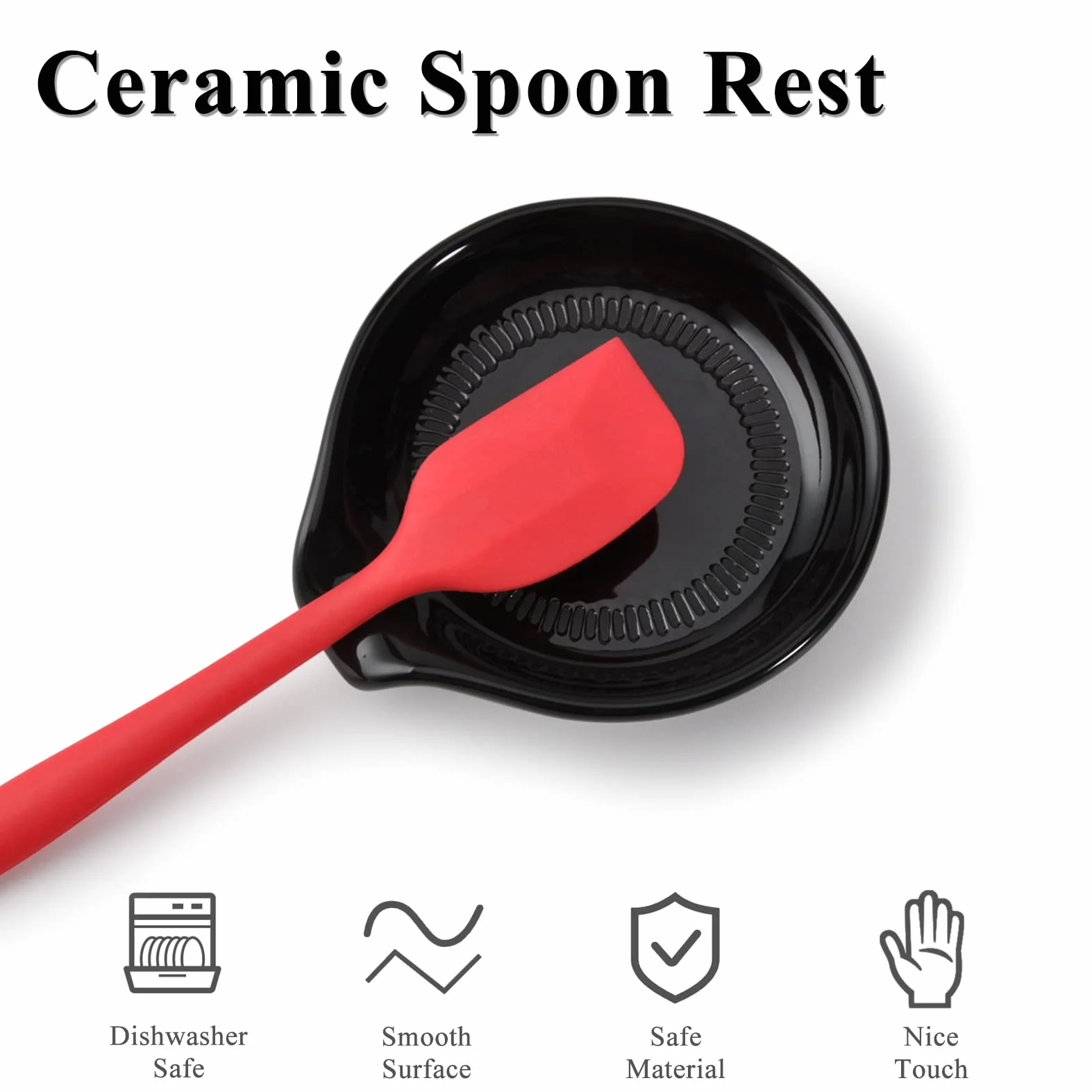 Repose Cuillère Cuisine Céramique, Porte-Ustensiles Multifonction, Rangement Porcelaine Vintage Résistant à la Chaleur (Noir)