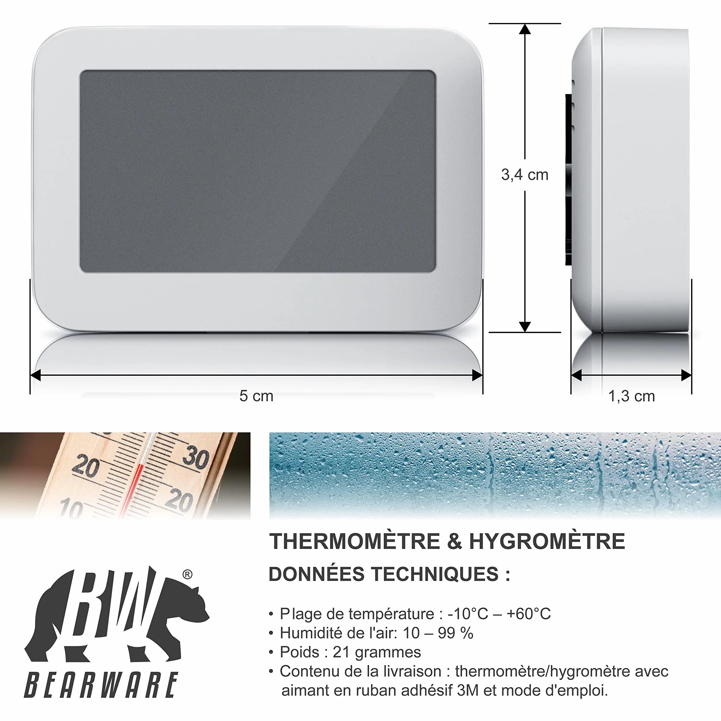 Thermomètre hygromètre digital d'intérieur, température et humidité, affichage LCD, blanc