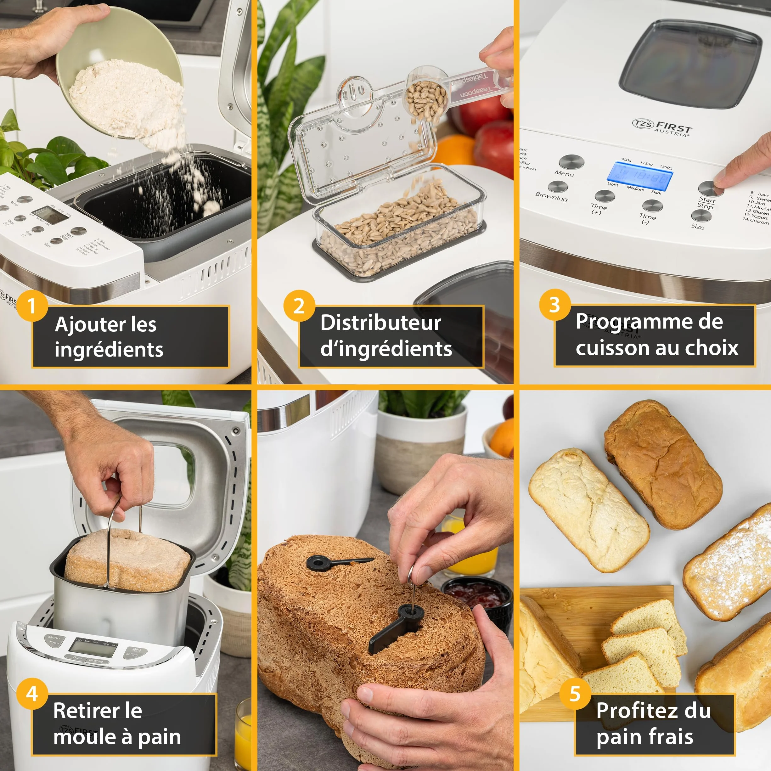 Machine à Pain 850W First Austria 14 Programmes Automatiques 900g 1350g Dorement Réglable Minuterie Maintien au Chaud