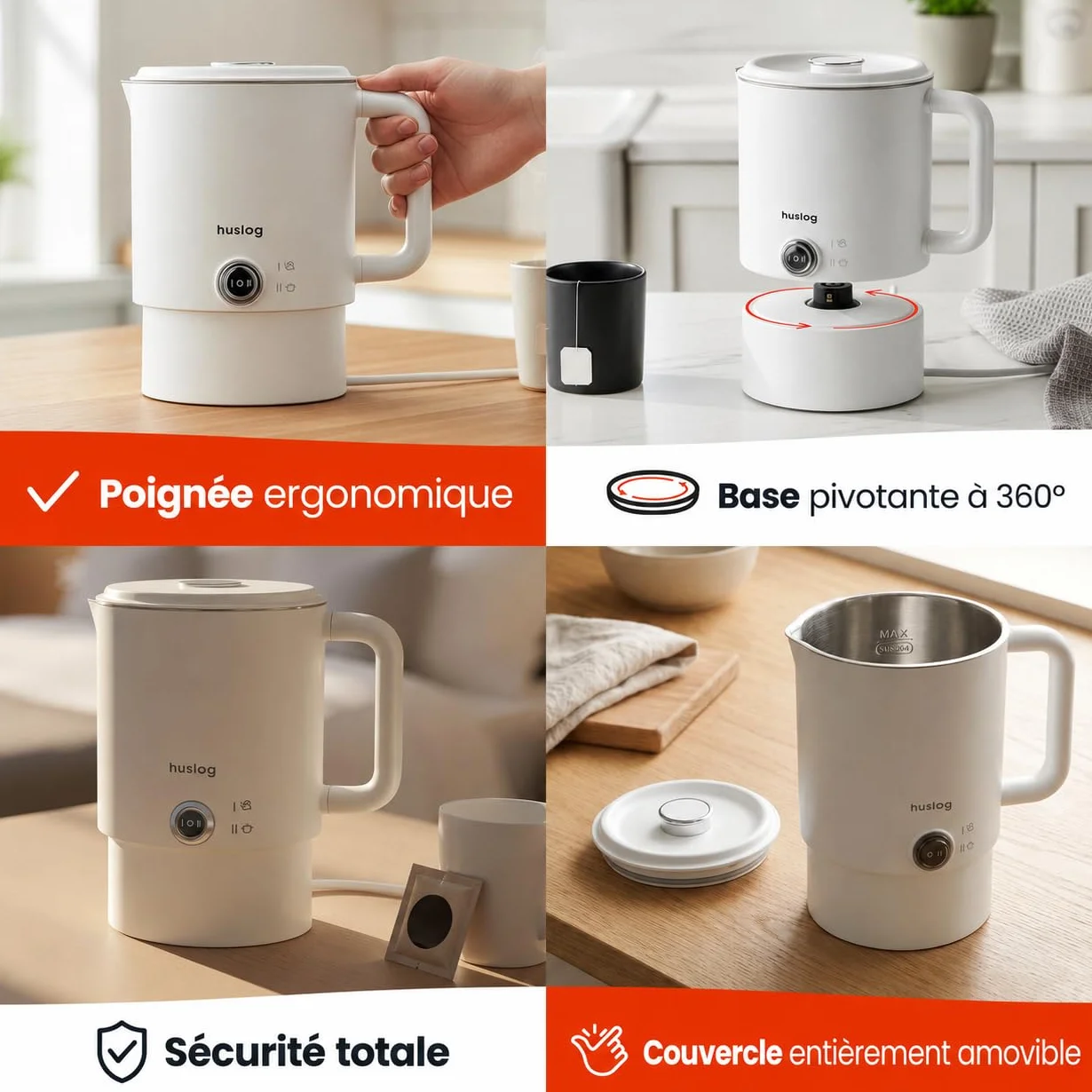 Bouilloire Électrique de Voyage Pliable 2 en 1 0,8L 650W Acier Inoxydable 304 Double Paroi Base 360°