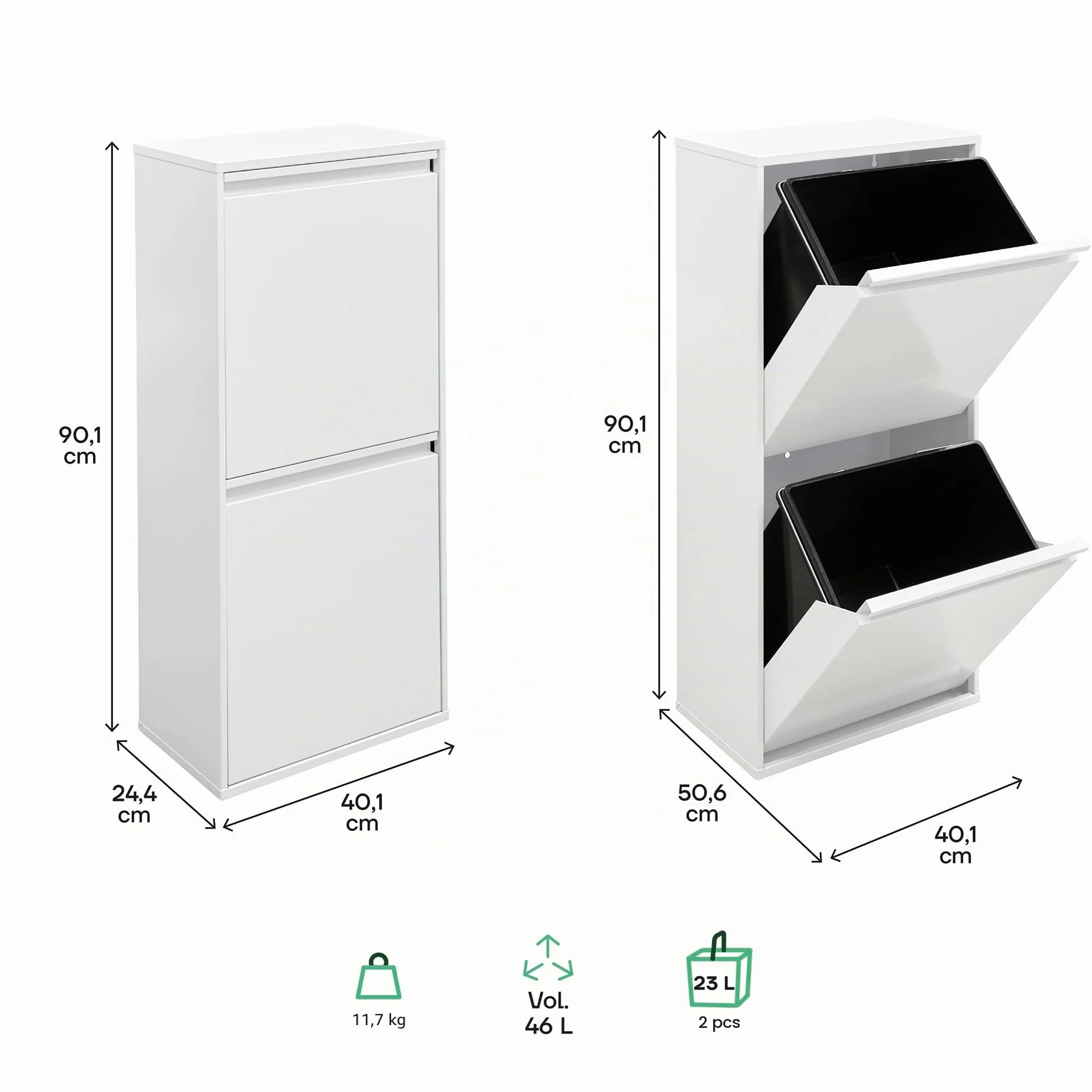 Arregui Basic CR401-B2 Poubelle de recyclage 2 compartiments 46 L Blanc