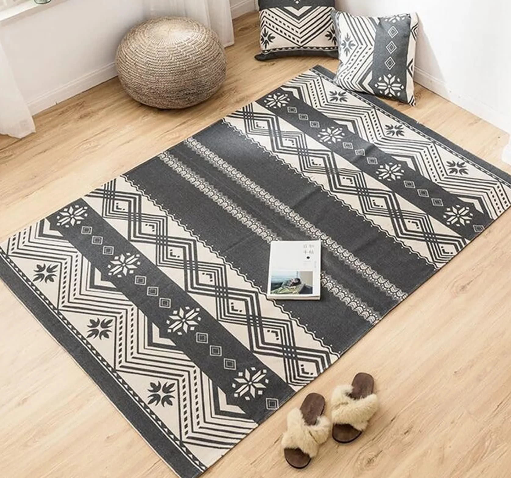 Tapis Rond Coton Lin 85x120 cm Lavable Gris Motif Géométrique Chambre Enfant