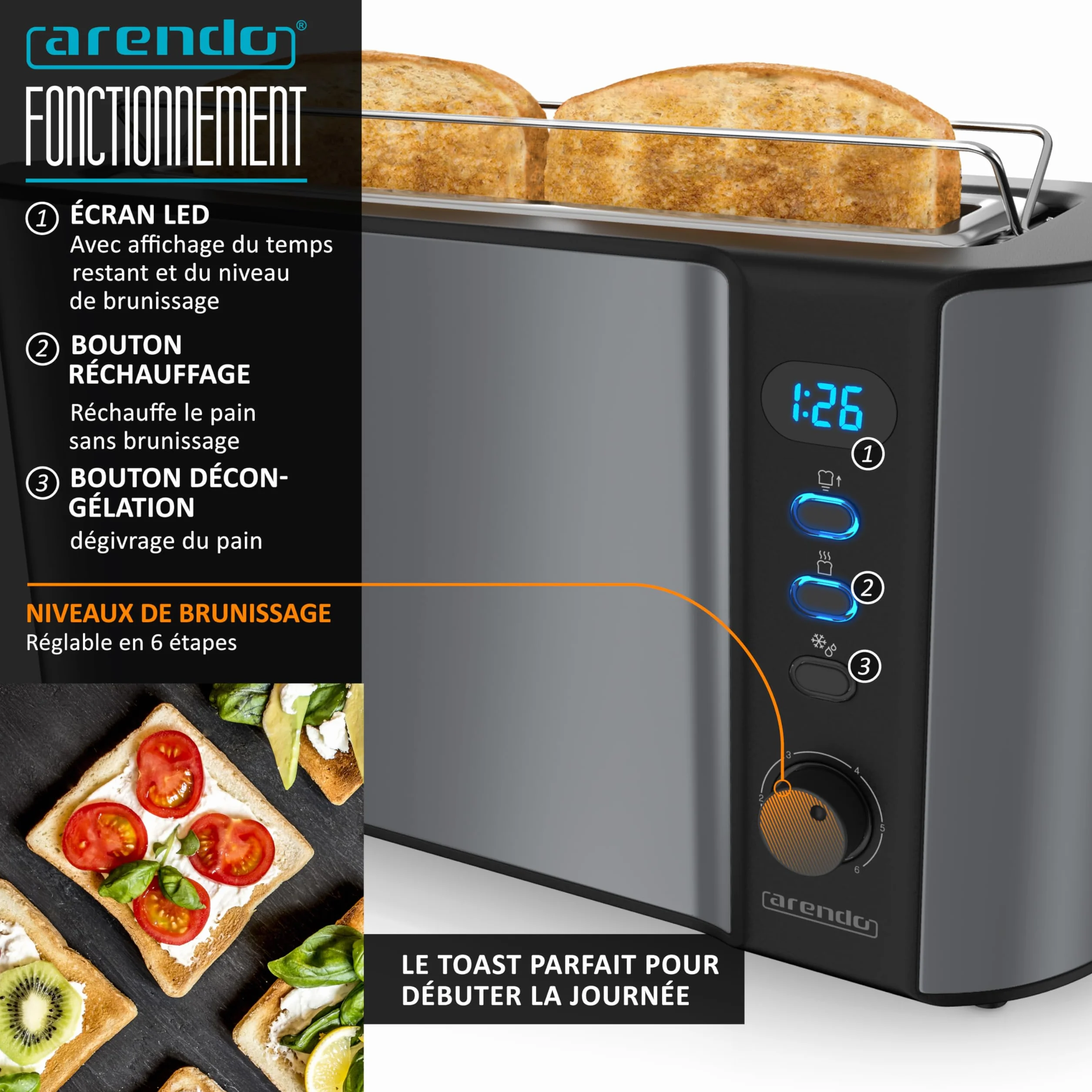 Arendo Ensemble Bouilloire Grille-Pain Cuiseur à Œufs Inox 1,5L 40°-100°C Toaster 4 Tranches LED 6 Niveaux Cool grey