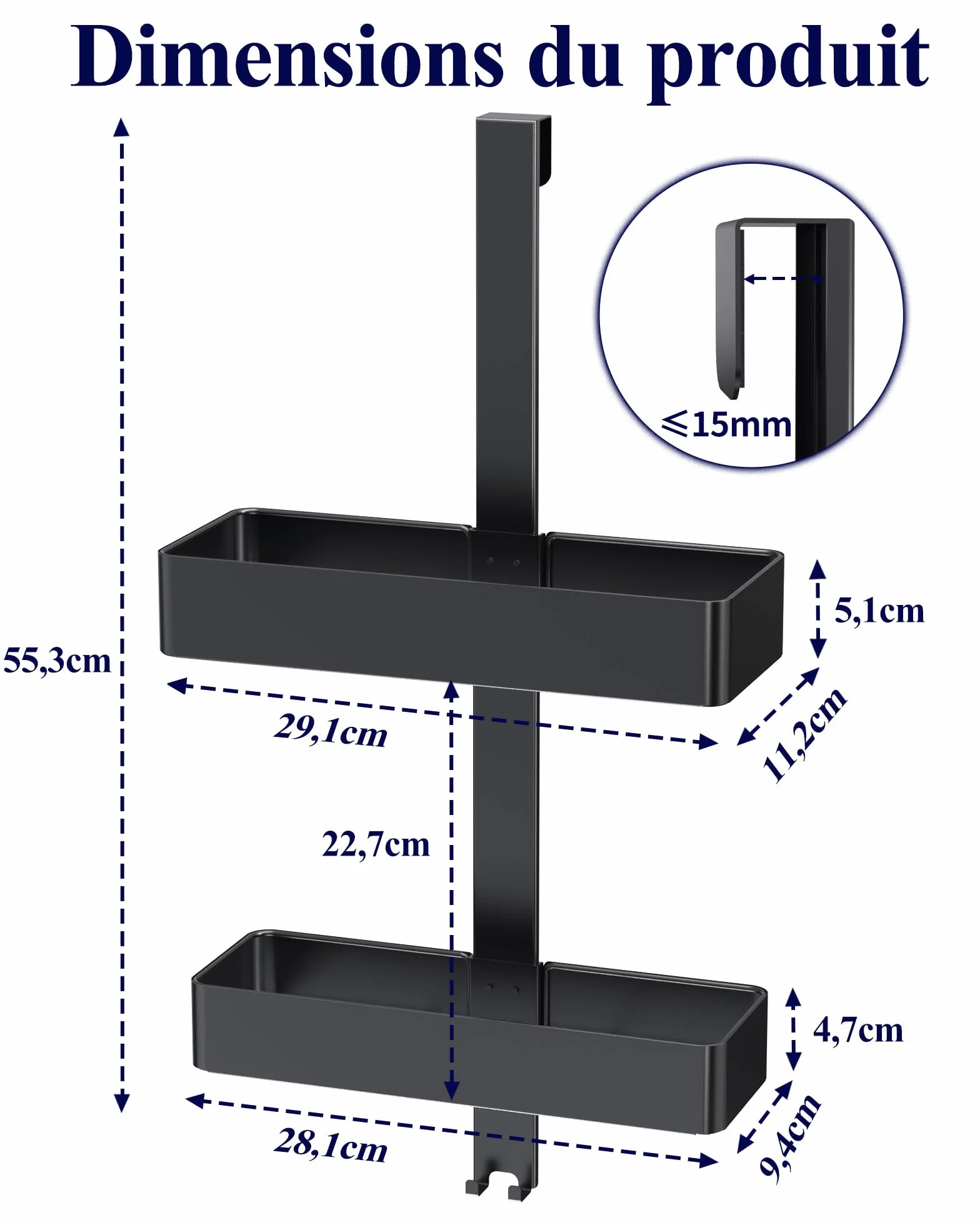 Kitsure Étagère Douche Suspendue 2 Niveaux sans Perçage Antirouille Rangement Salle de Bain Noir 29,1 x 11,2 x 55,3 cm
