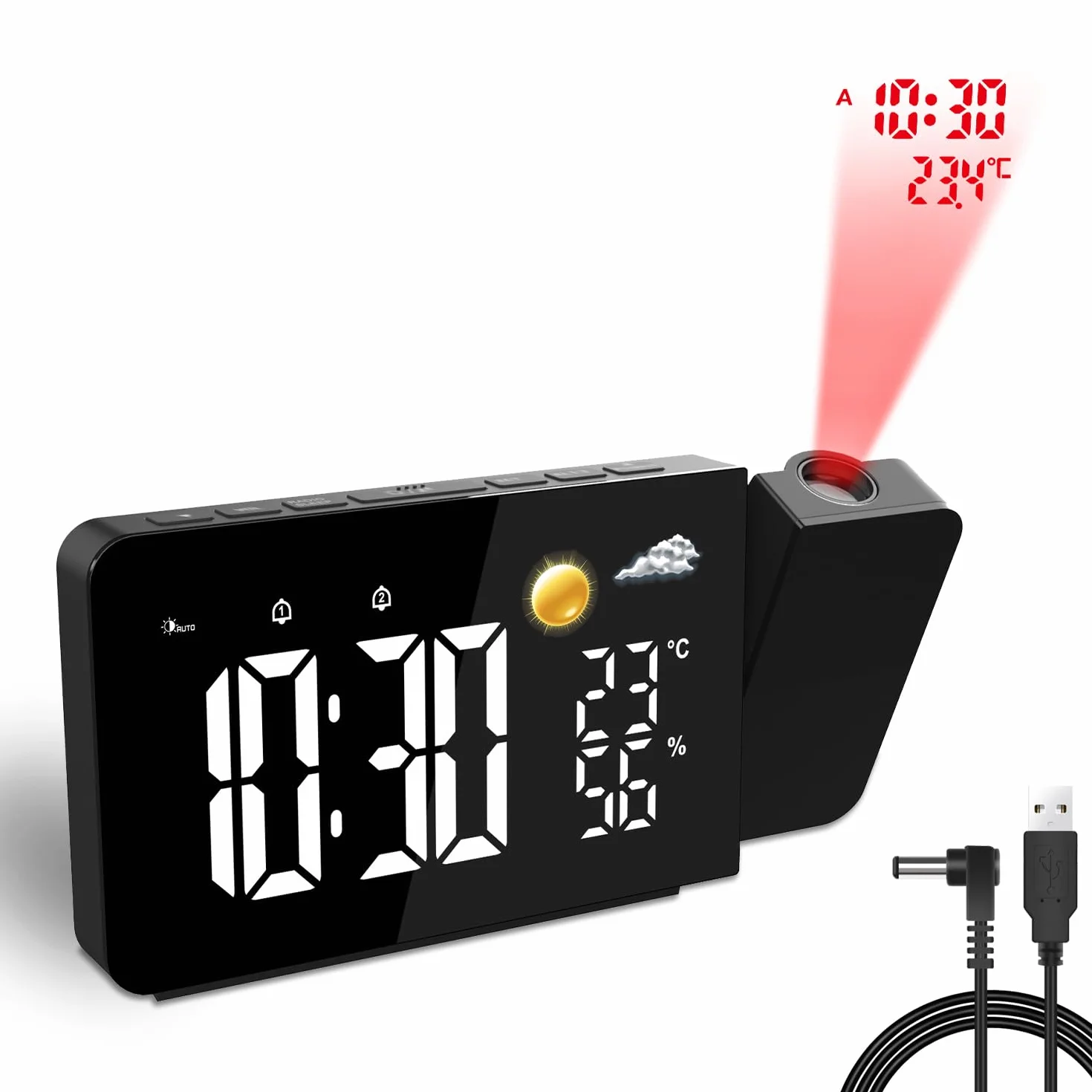 Uzoli EM3211A Réveil-projecteur Plafond LED avec Prévisions Météo 8h, Température et Humidité, 2 Alarmes, Snooze, Projection Rotative 180°, 10 Sonneries