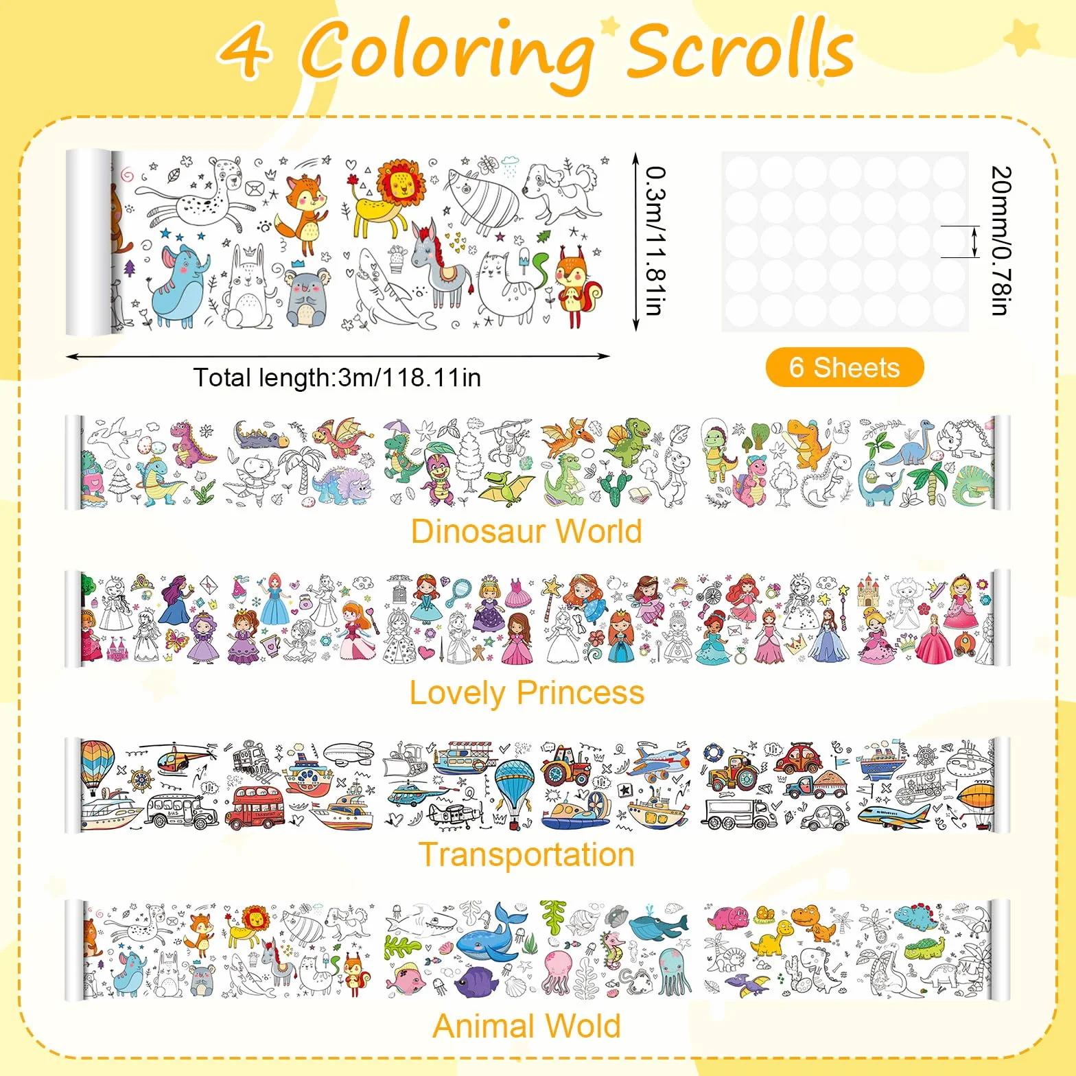Lot de 4 rouleaux de papier à colorier 30 x 300 cm pour enfants