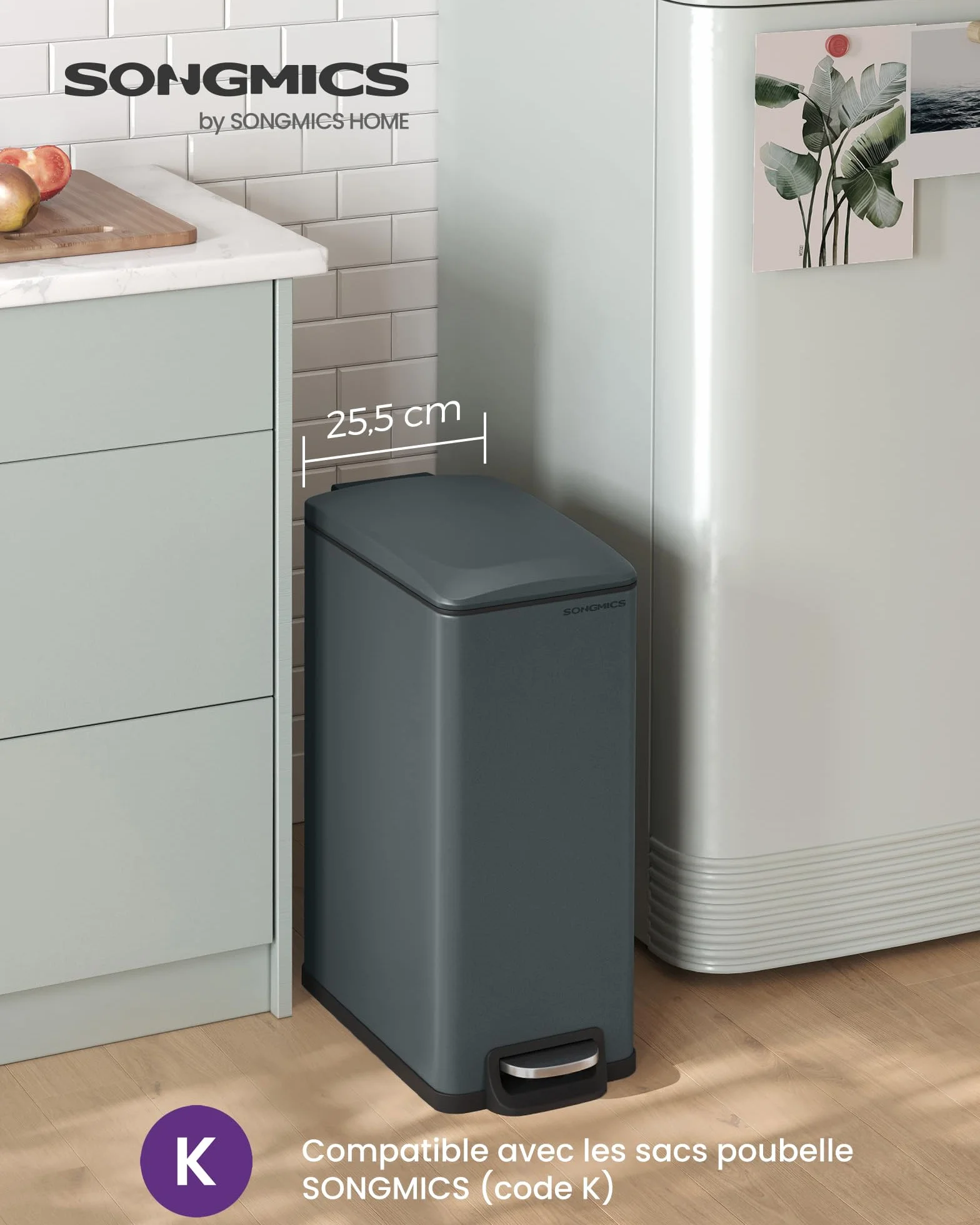 SONGMICS Poubelle de Cuisine 48L, Poubelle à Pédale, Acier, Gris Anthracite