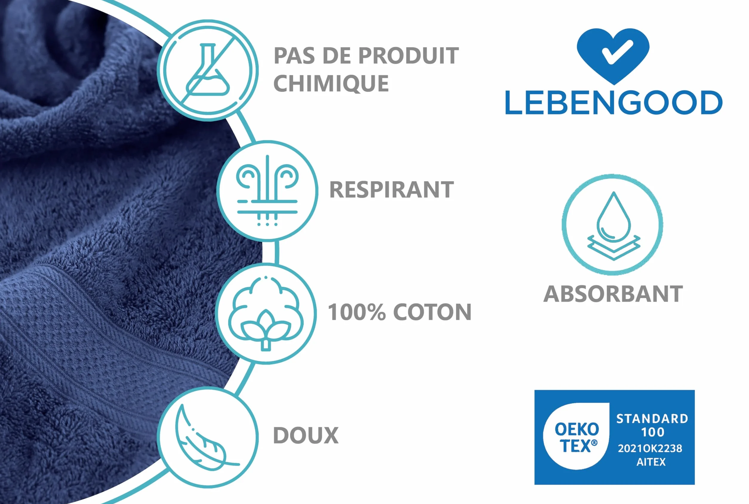 Lebengood Lot de 2 Serviettes de Bain 100% Coton 70x140 Oeko-TEX