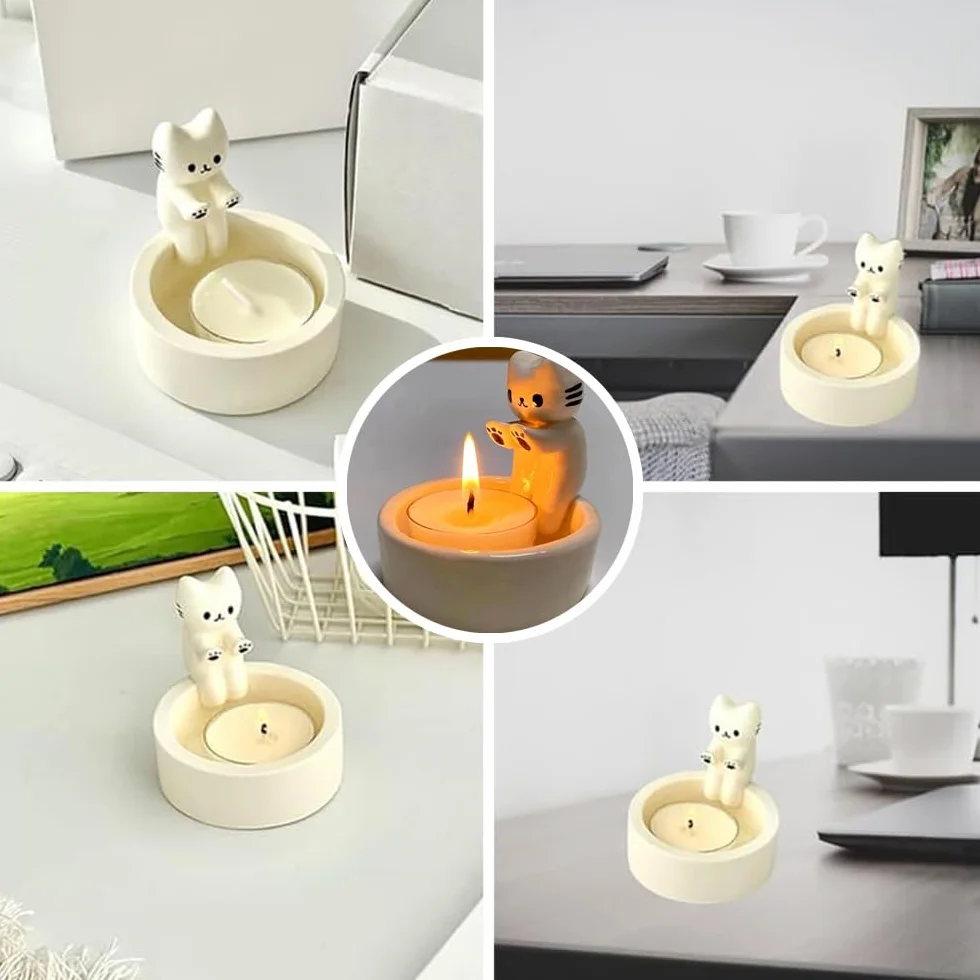 Photophores en Résine en Forme de Chat avec Pattes Chauffantes Décoration Chaton Bougeoir Décoratif