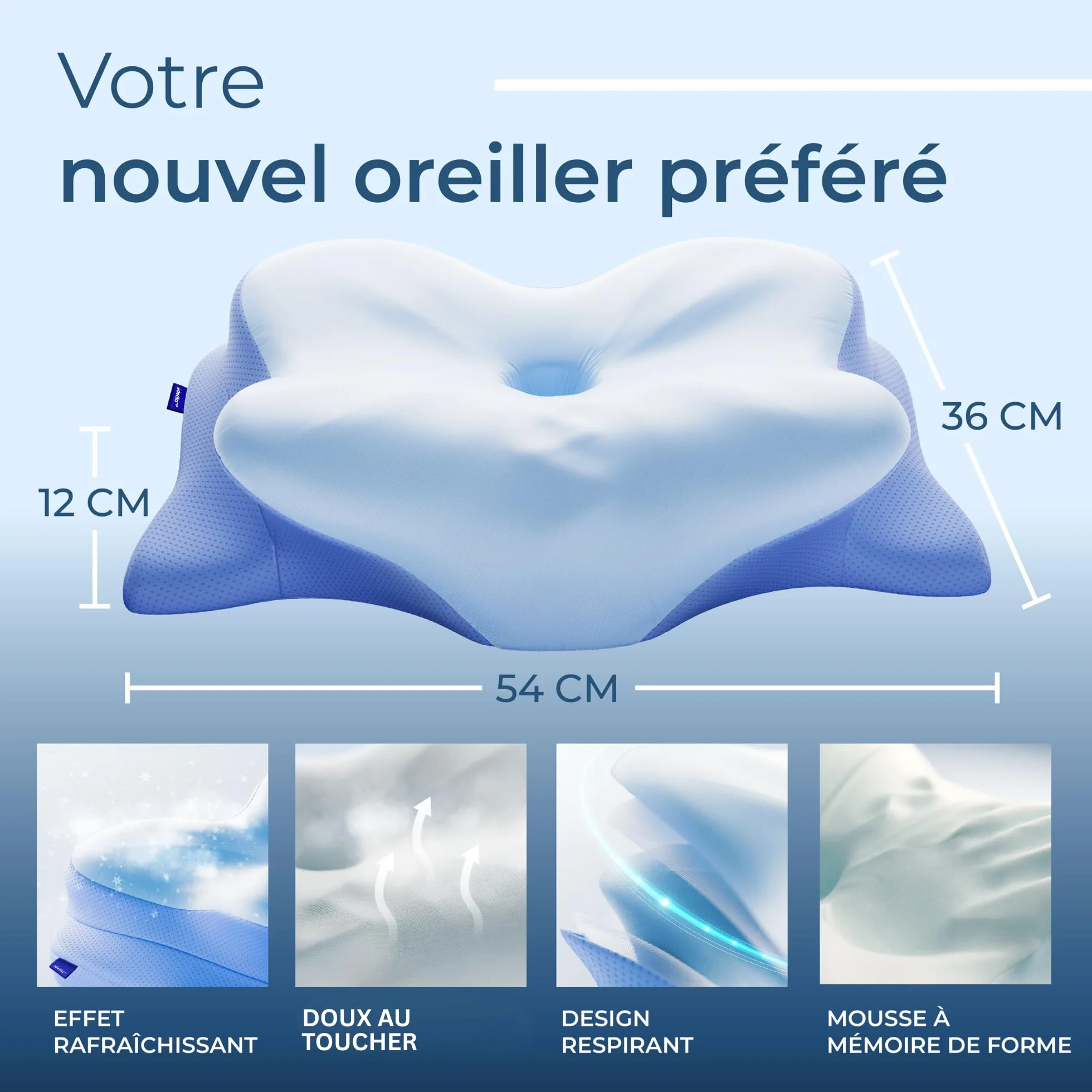 Derila Oreiller Mémoire de Forme Cervical Papillon Rafraîchissant pour Dormeurs Côté Dos et Ventre