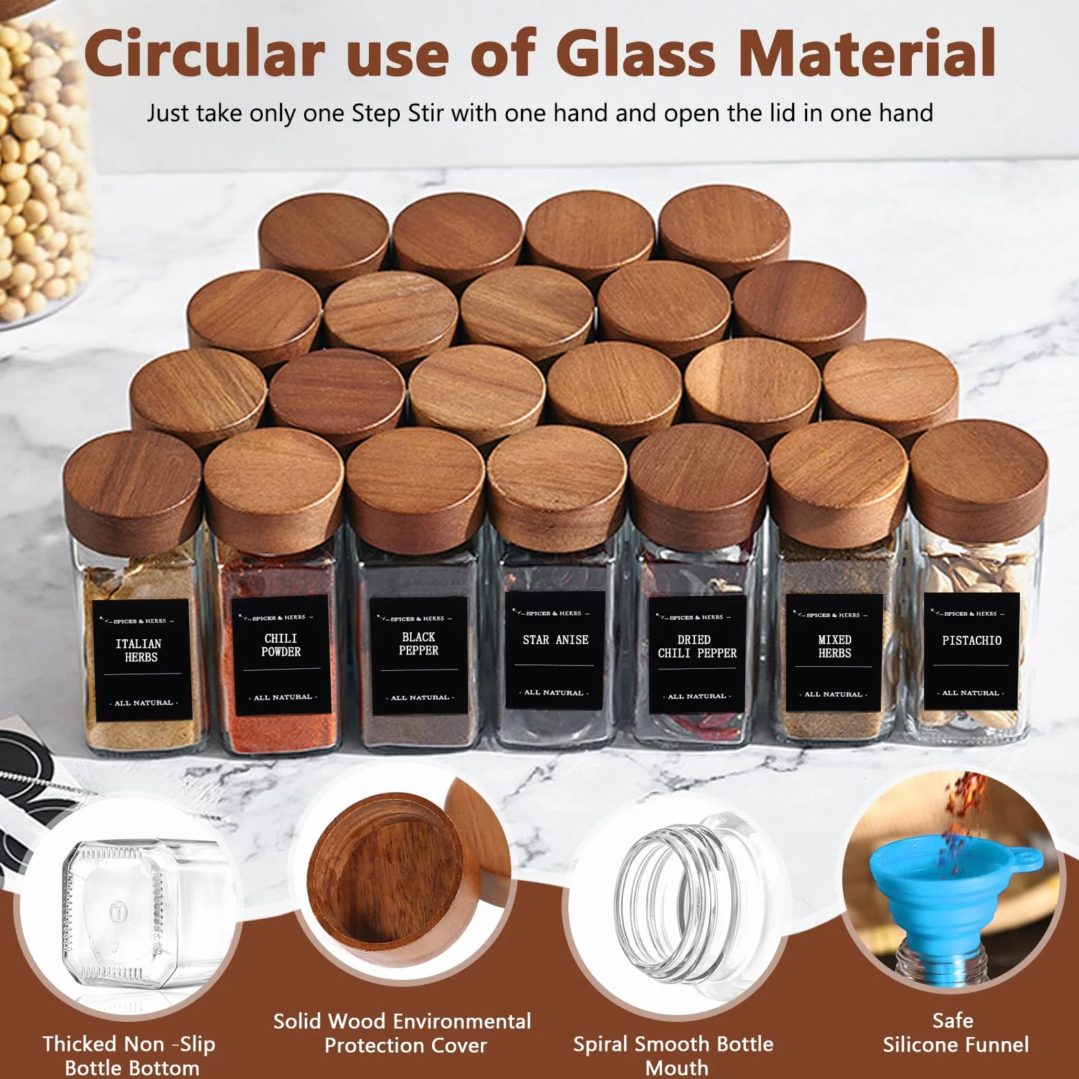 Pot à Épices en Verre et Bois, 24 Pièces 120ml, Set avec Étiquettes, Entonnoir, Brosse