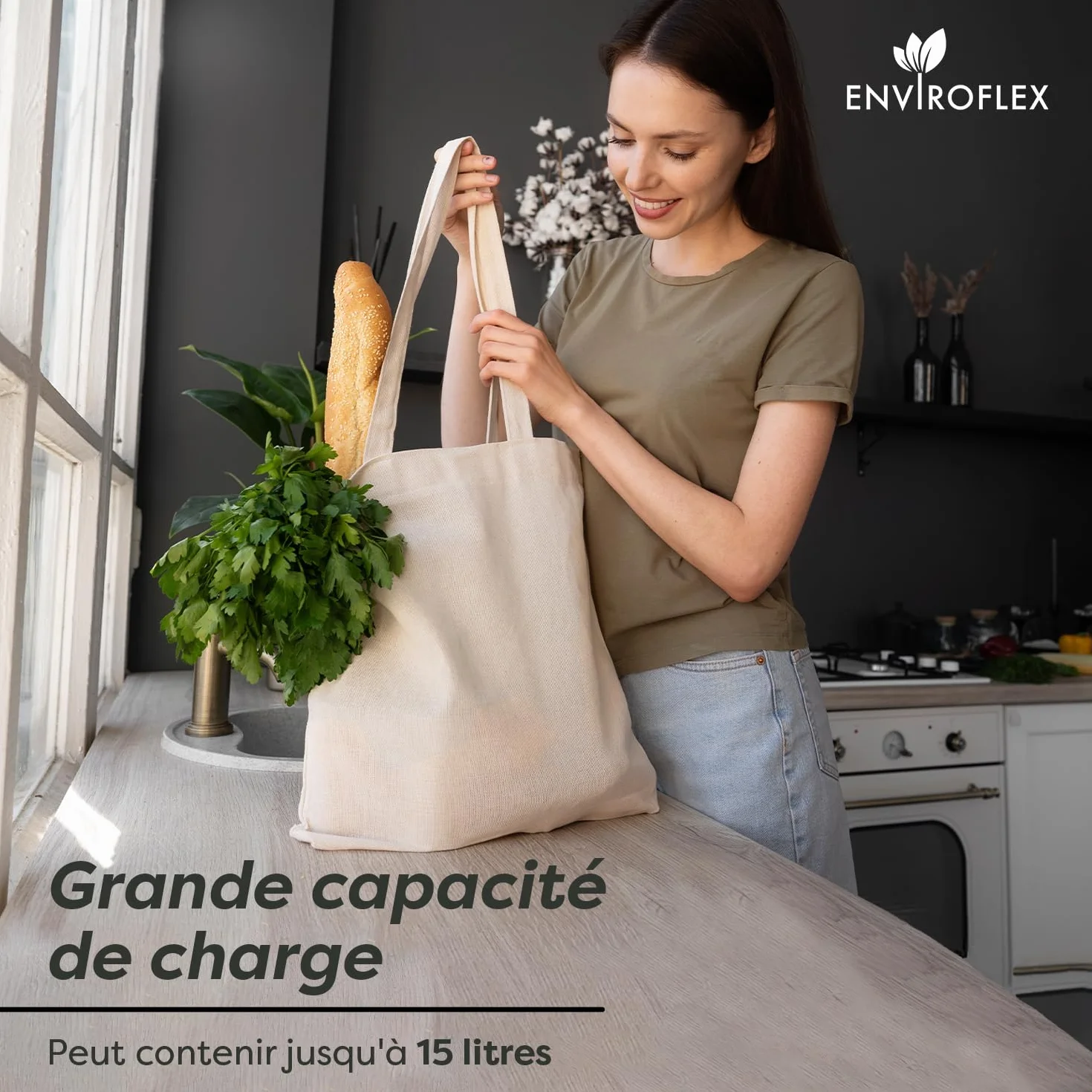 Sacs fourre-tout en toile 100% coton 38 x 42 cm réutilisables avec longues poignées