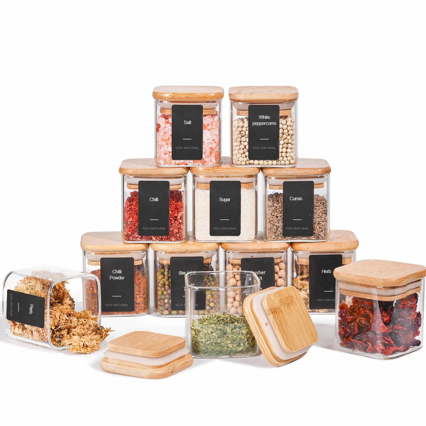 ComSaf Bocaux à Épices en Verre 12 x 120 ml avec Couvercle en Bambou, Pots Hermétiques avec 54 Étiquettes