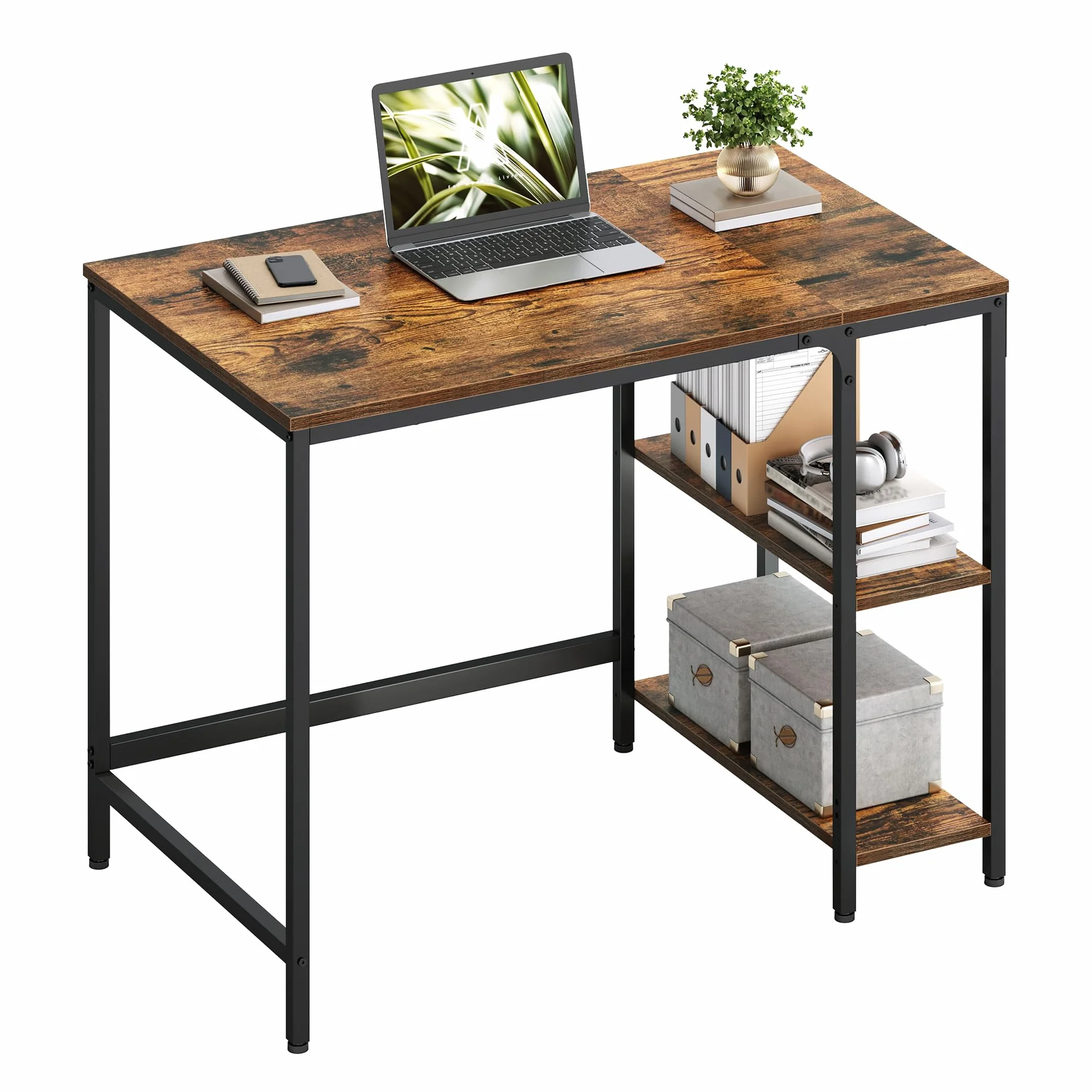 VASAGLE Bureau avec Rangement, Table d’Ordinateur avec 2 Étagères Réversibles, Cadre en Acier, Marron Rustique et Noir d'encre