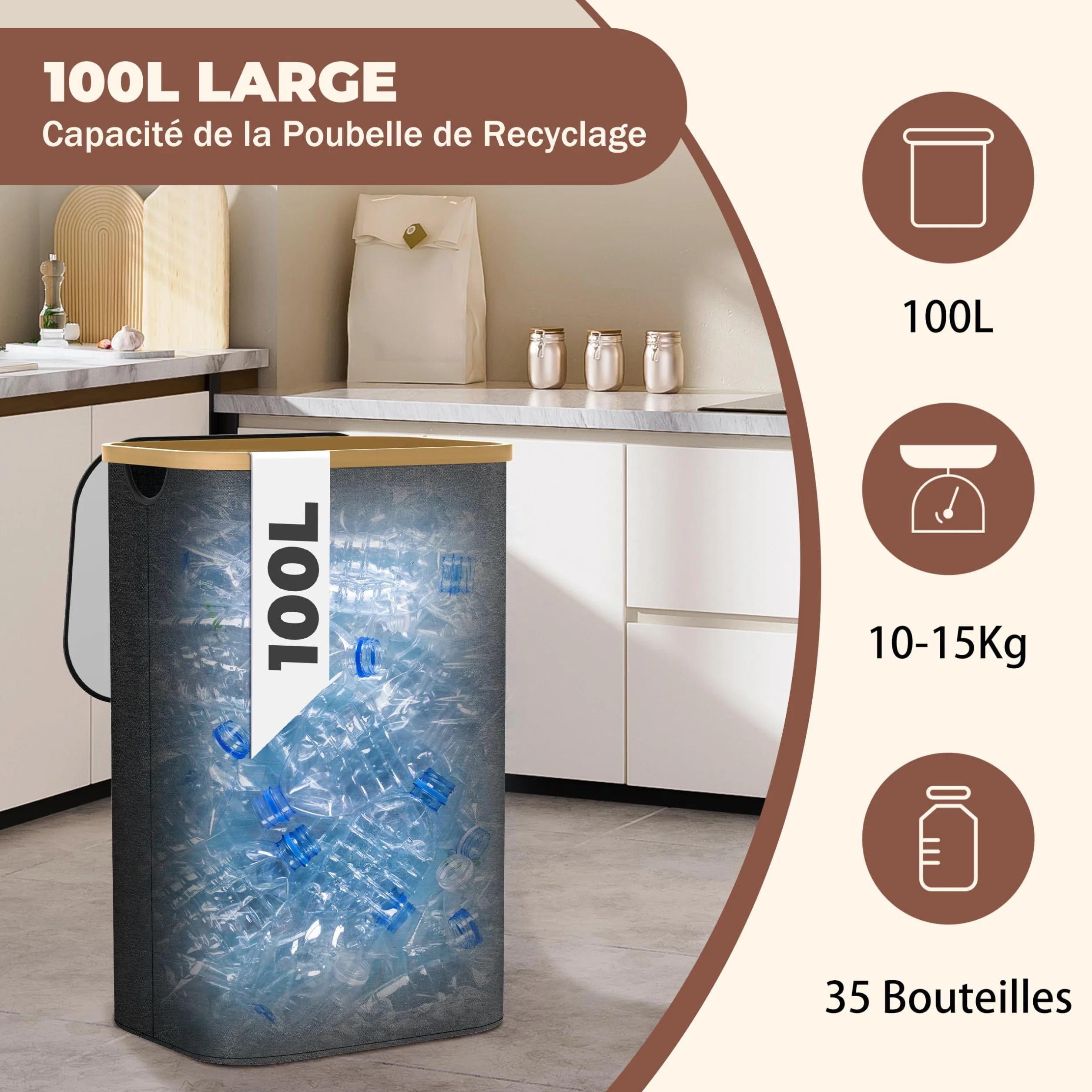 Poubelle Cuisine Tri Sélectif 100L Noir – Bac Recyclage Double Compartiment Bambou
