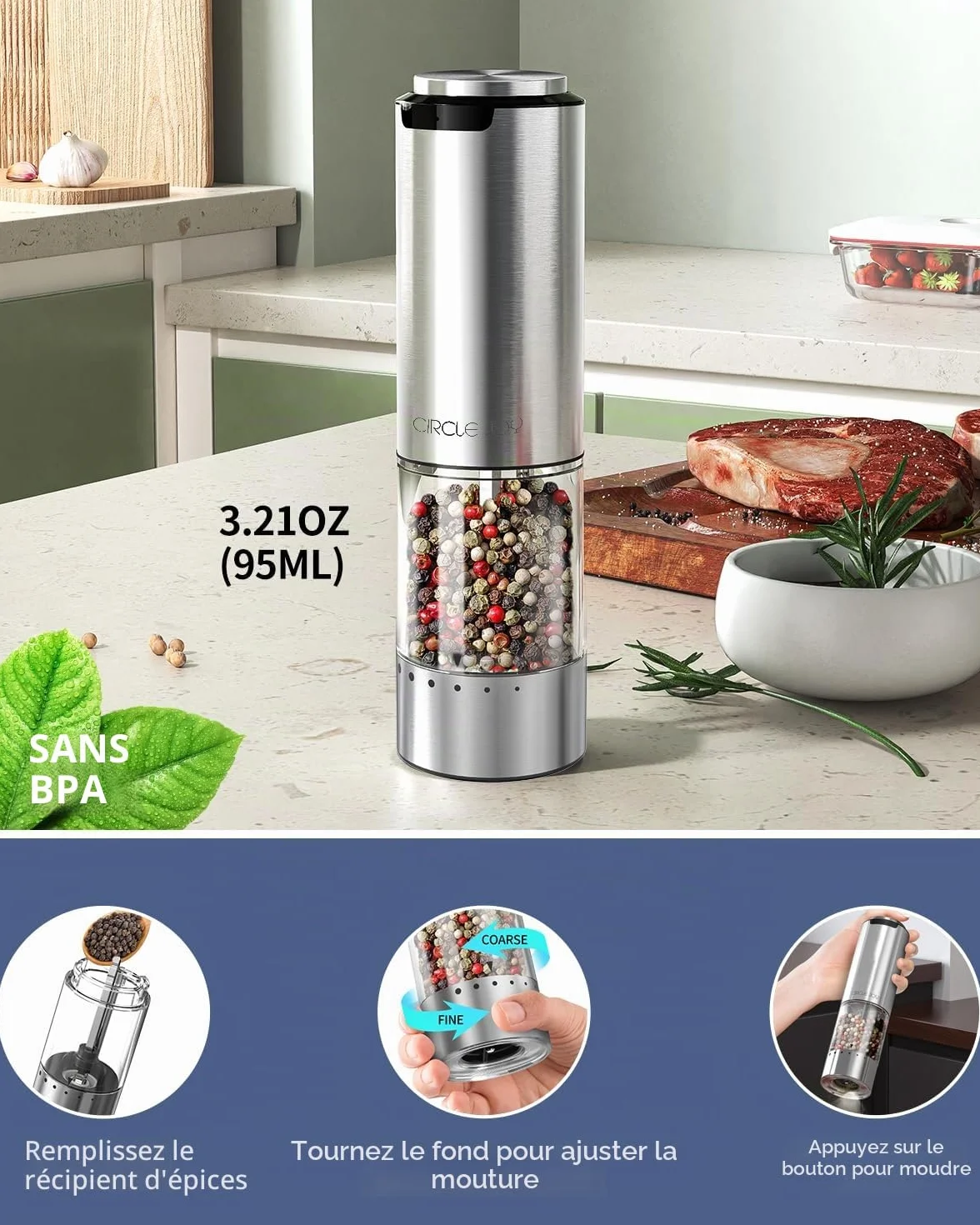 Moulin à Poivre Électrique en Acier Inoxydable Rechargeable 95ml avec Lumière LED Blanche
