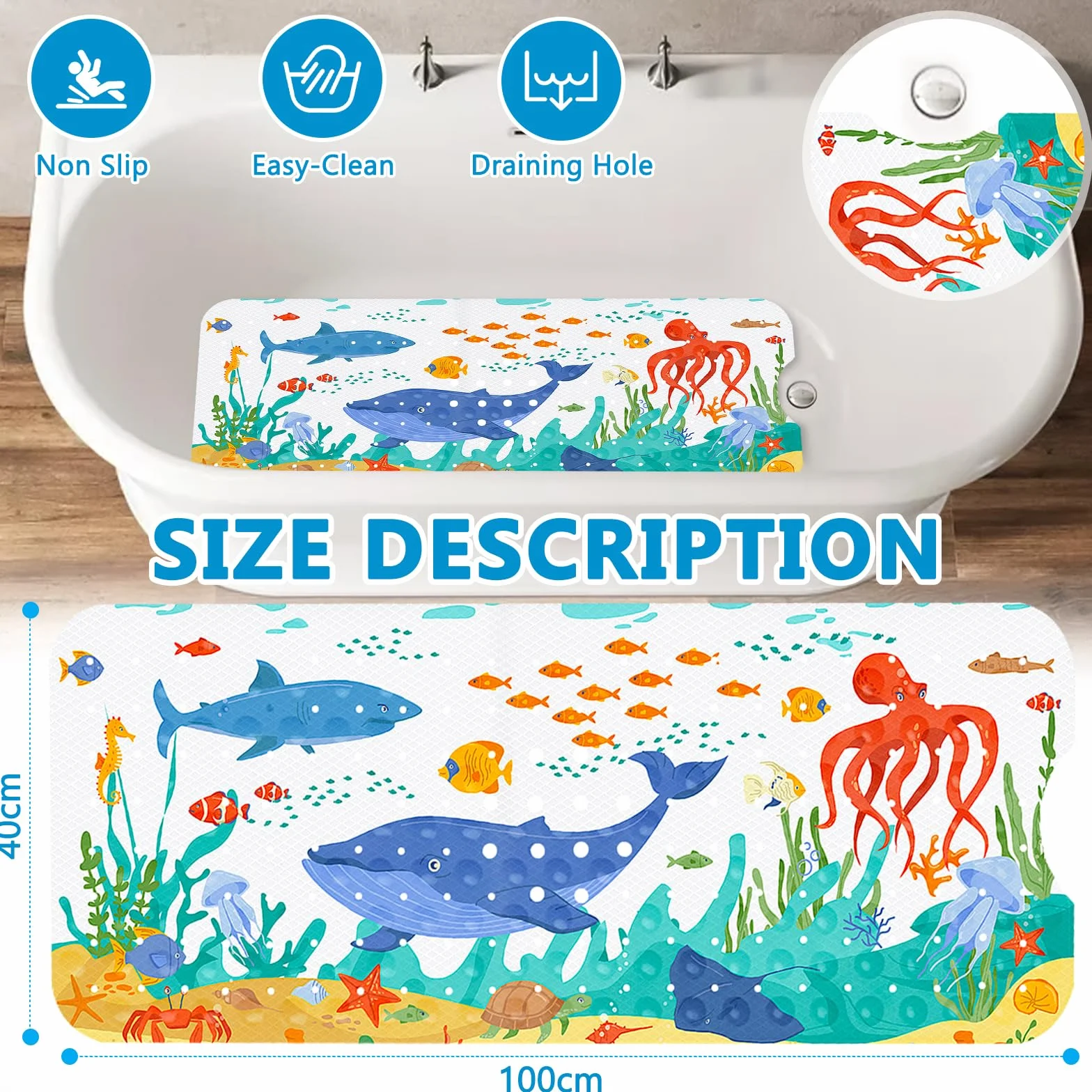Tapis de Bain Antidérapant pour Enfants 100x40cm PVC 200 Ventouses Lavable en Machine