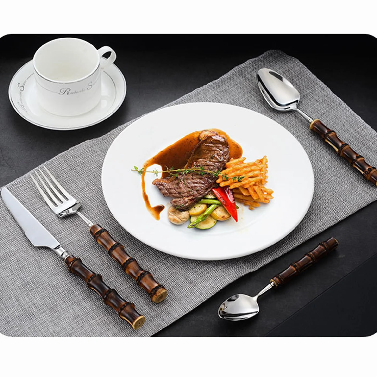 Ensemble de Couverts en Bois et Bambou pour 6 Personnes, élégant Service de Table, Couverts en Acier Inoxydable, Manches en Bois, Compatible Lave-Vaisselle, 24 Couverts, Couleur Argent - 40