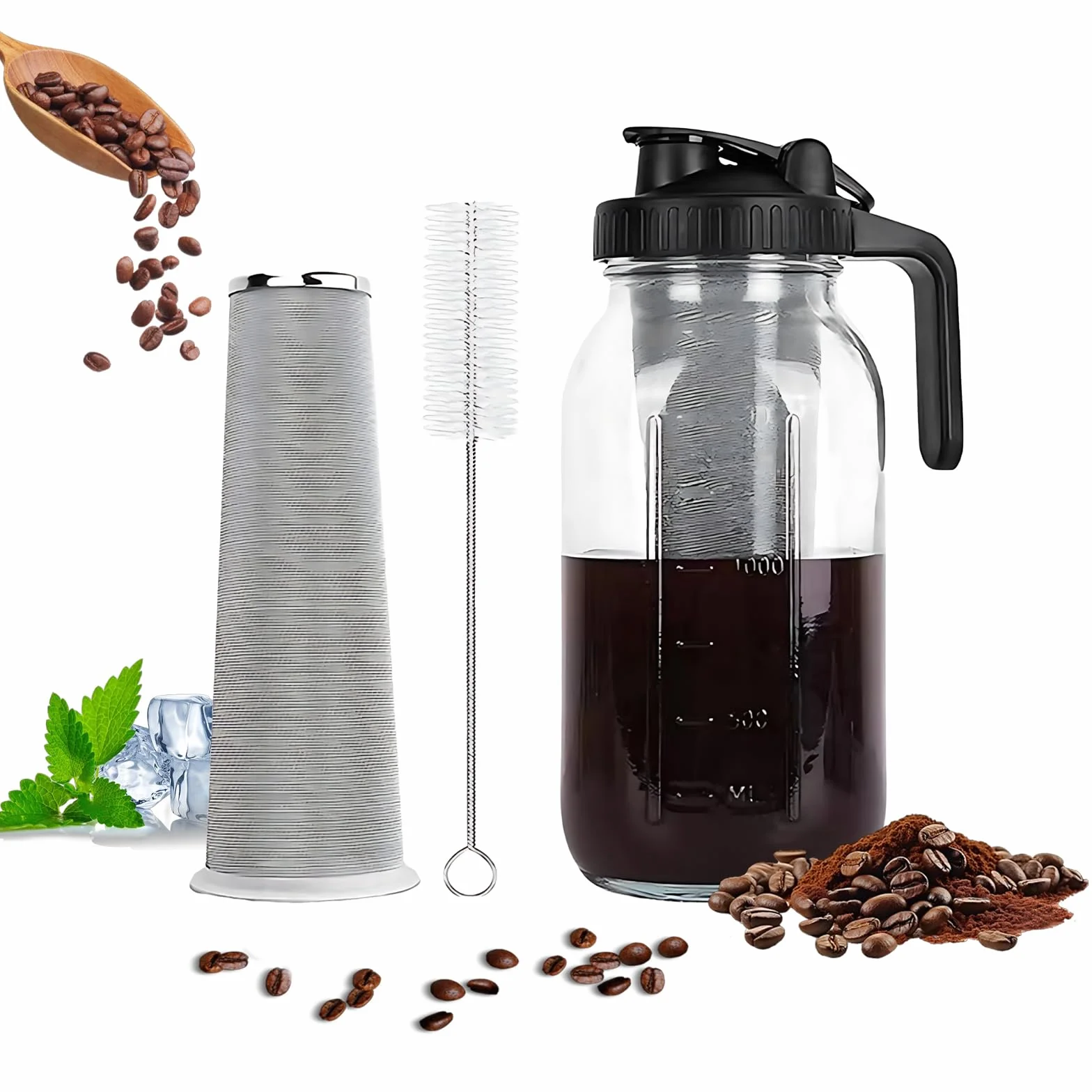 Carafe Cold Brew 2 L/60 Oz avec Couvercle et Filtre Acier Inoxydable Machine à Café Froid