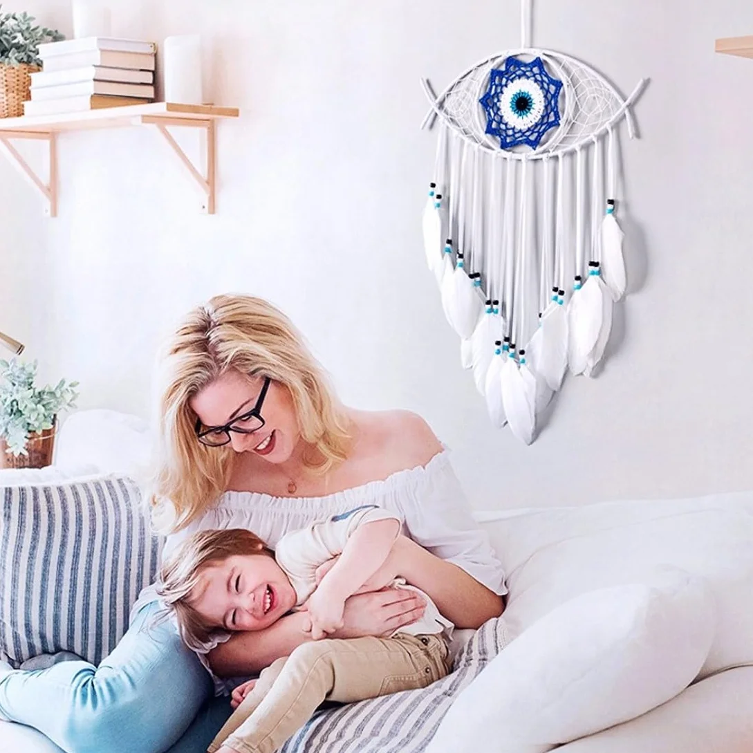 Attrape-Rêves Macramé Evil Eye Oeil Turc Blanc Décoration Murale Suspendue
